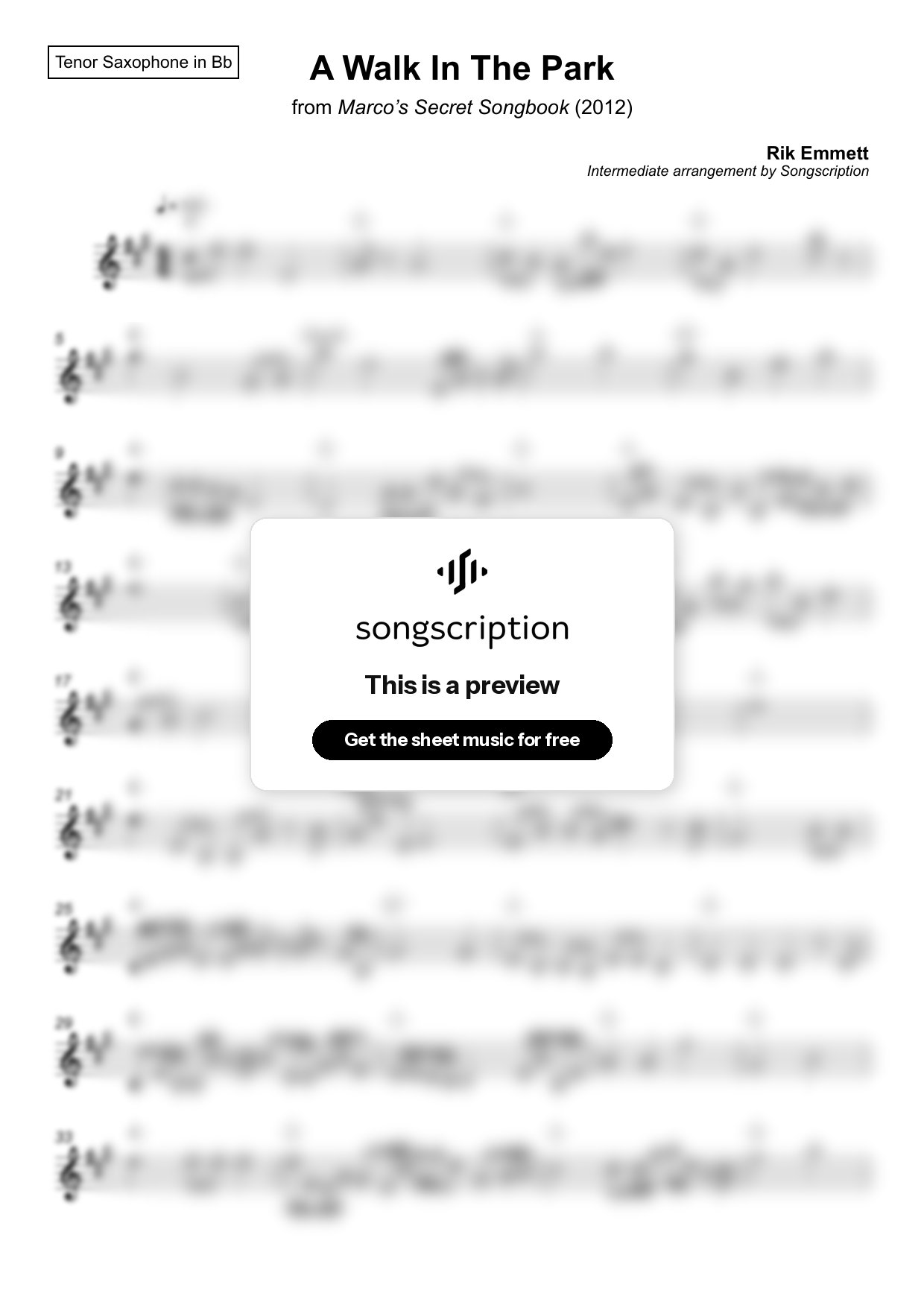 Intermediate Tenor Sax Sheet Music for "A Walk In The Park" by Rik Emmett