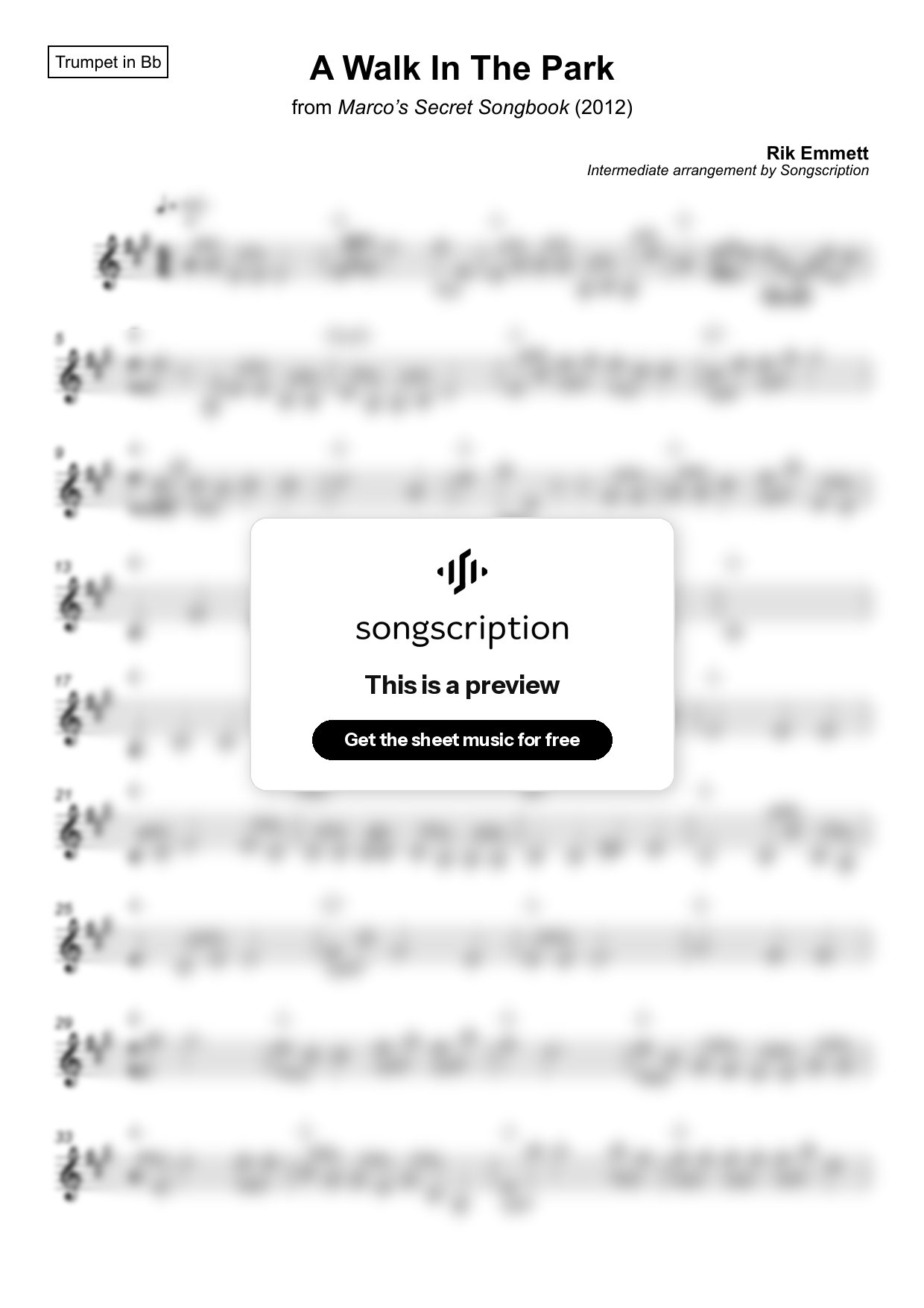 Intermediate Trumpet Sheet Music for "A Walk In The Park" by Rik Emmett
