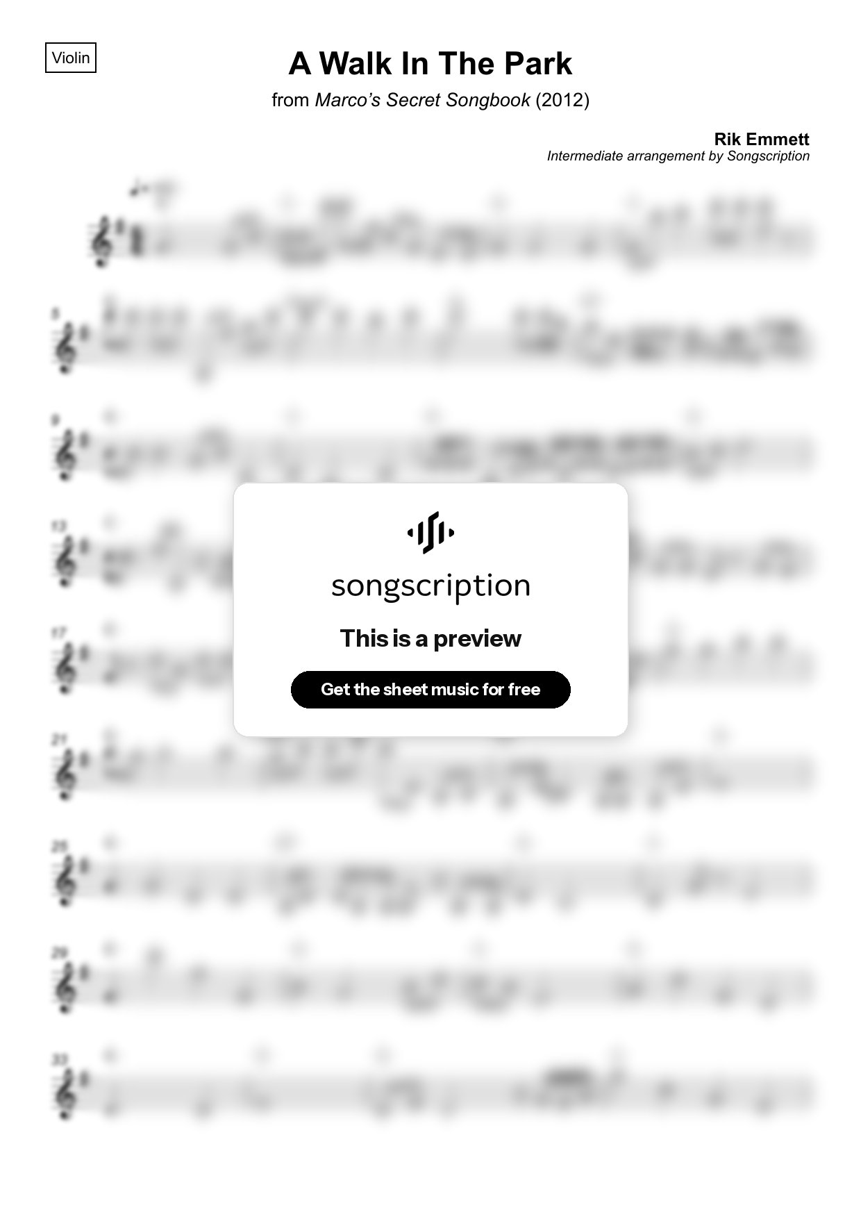 Intermediate Violin Sheet Music for "A Walk In The Park" by Rik Emmett
