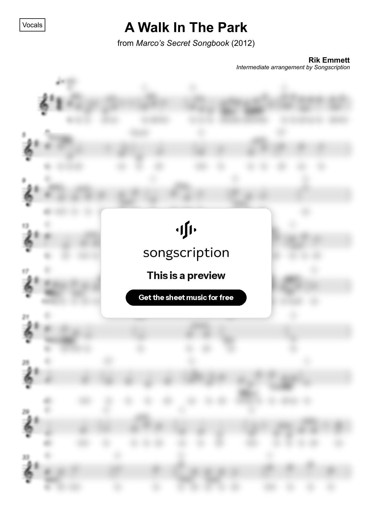 Intermediate Vocals Sheet Music for "A Walk In The Park" by Rik Emmett