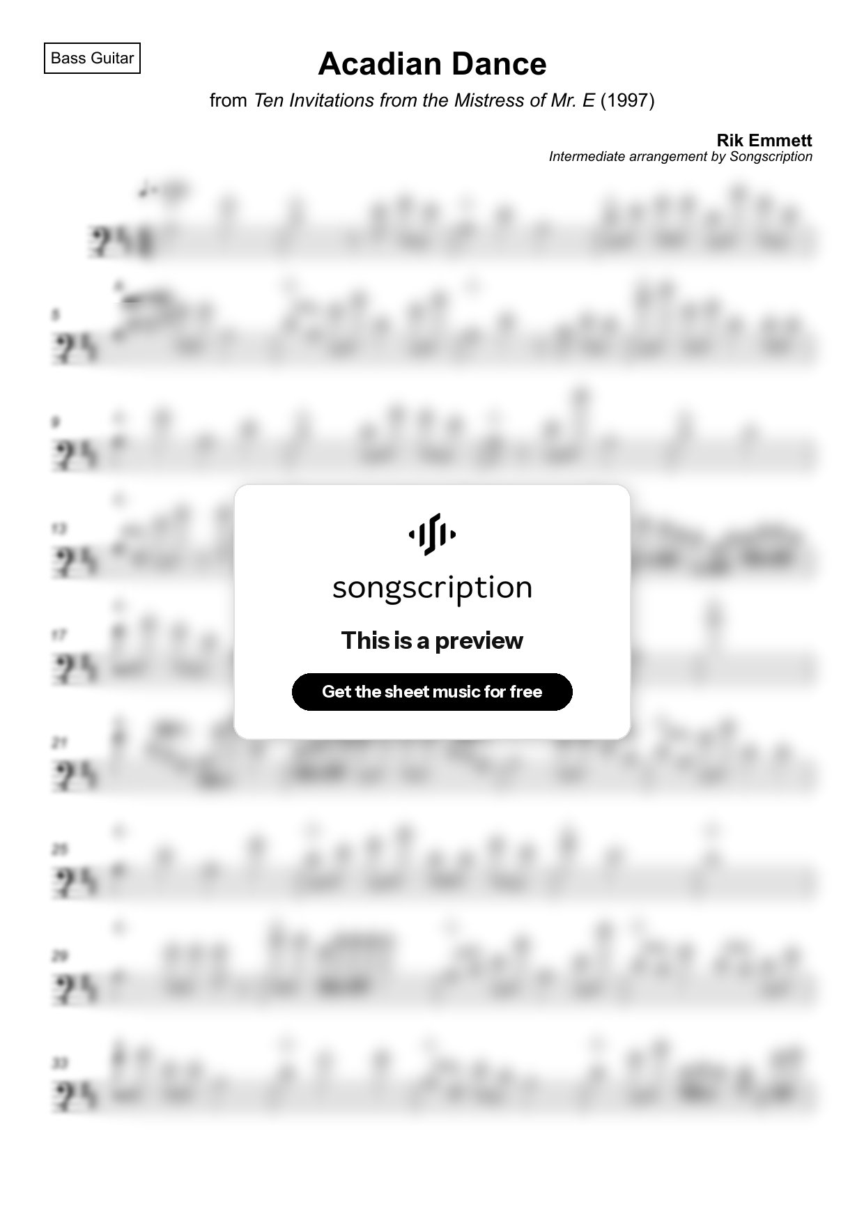 Intermediate Bass Guitar Sheet Music for "Acadian Dance" by Rik Emmett