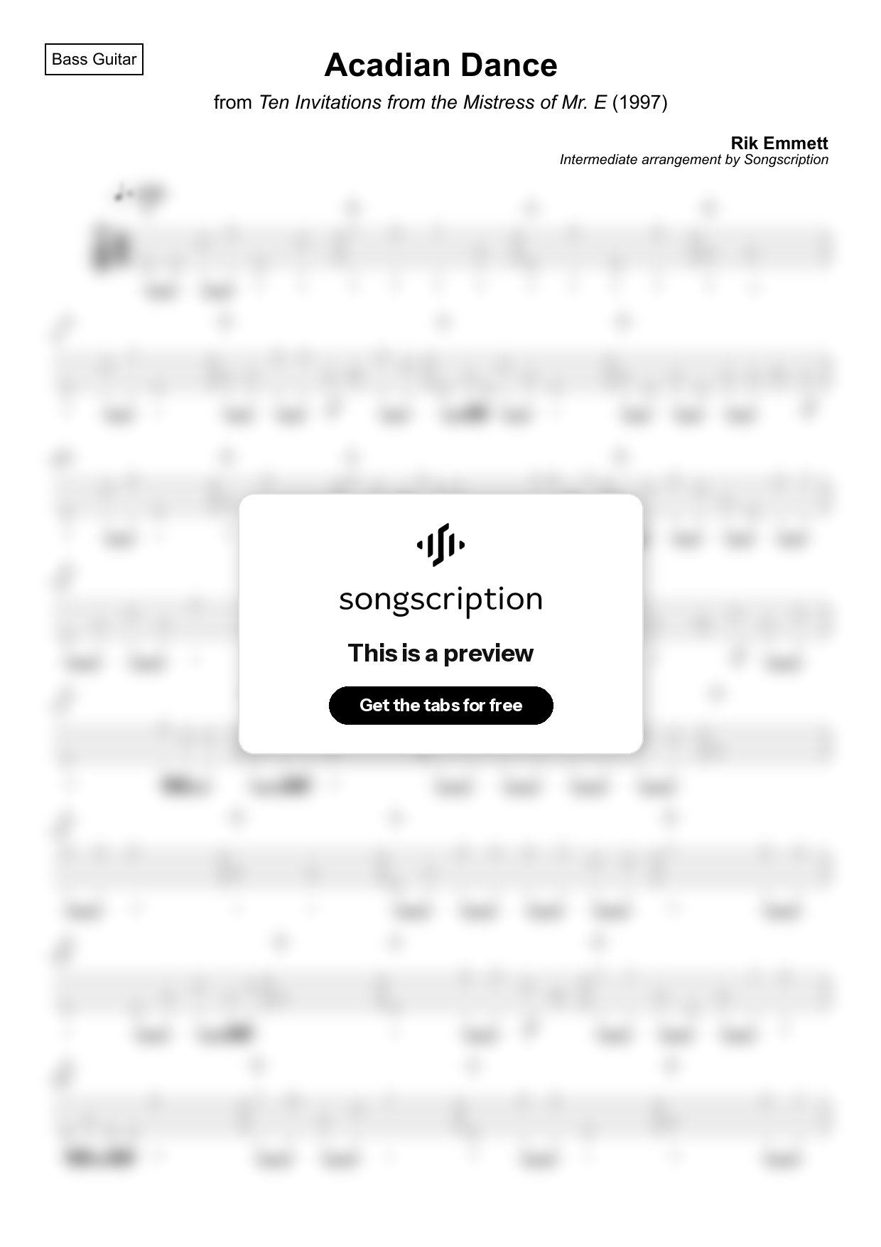 Intermediate Bass Guitar Tabs for "Acadian Dance" by Rik Emmett