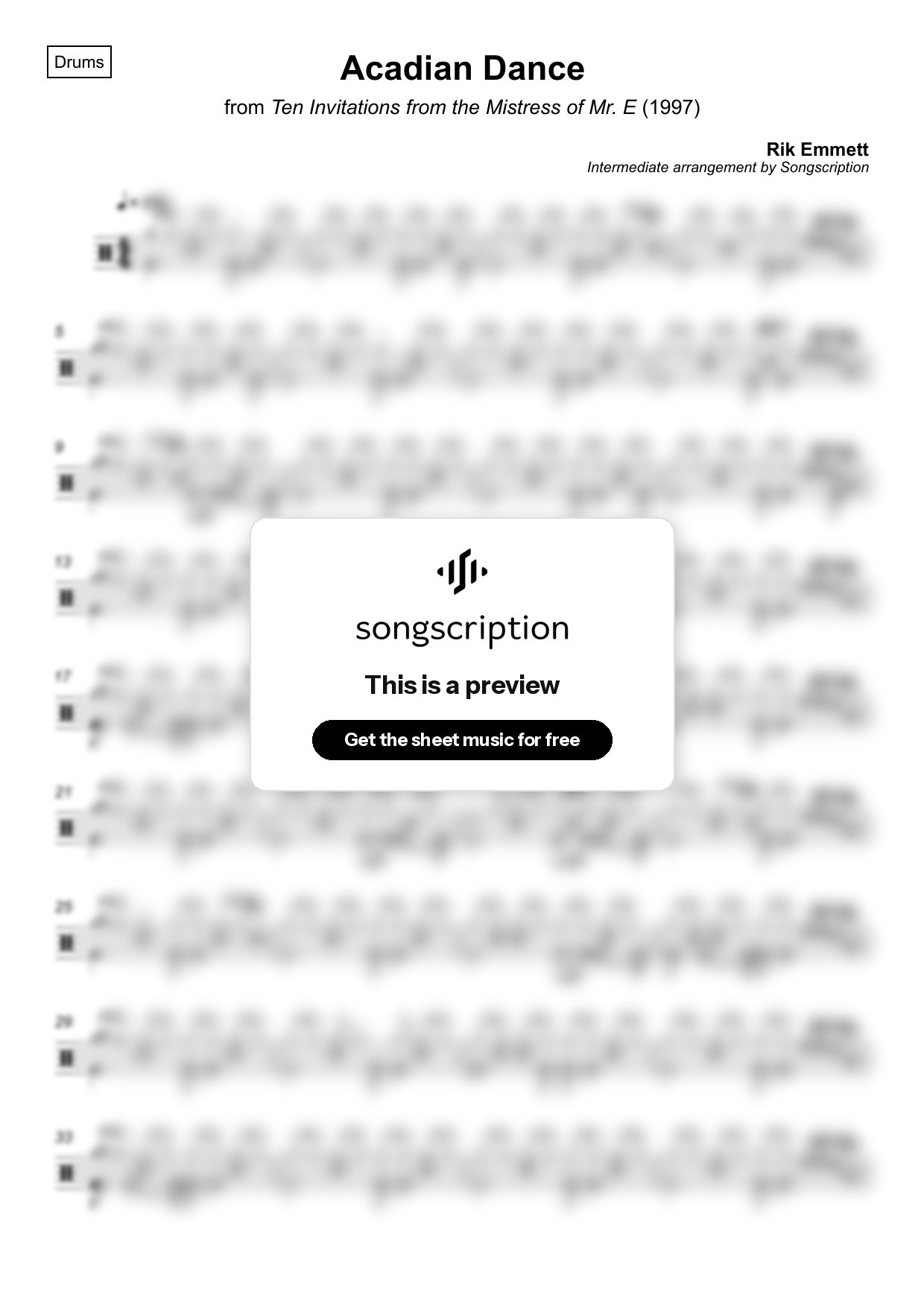 Intermediate Drums Sheet Music for "Acadian Dance" by Rik Emmett