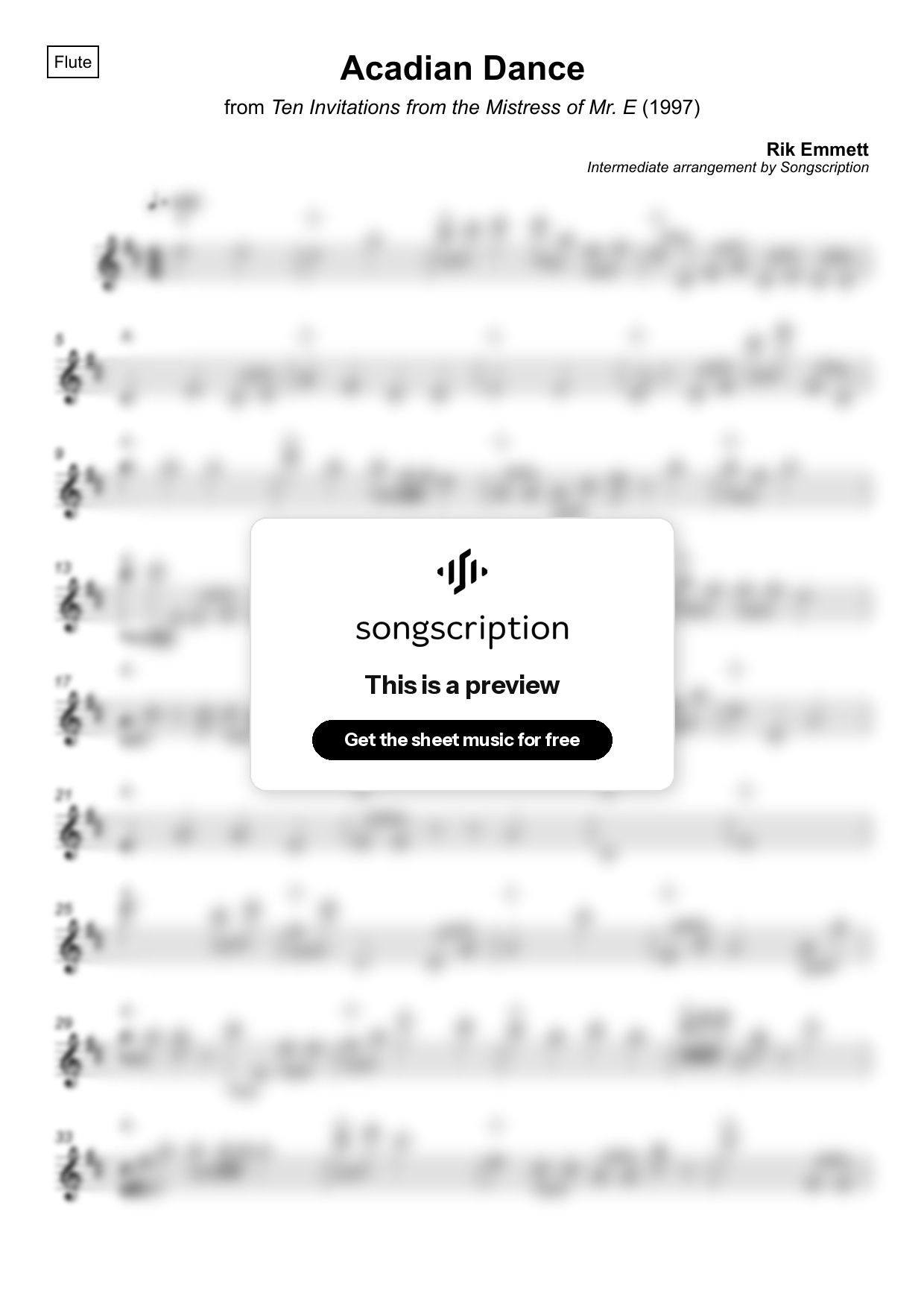 Intermediate Flute Sheet Music for "Acadian Dance" by Rik Emmett