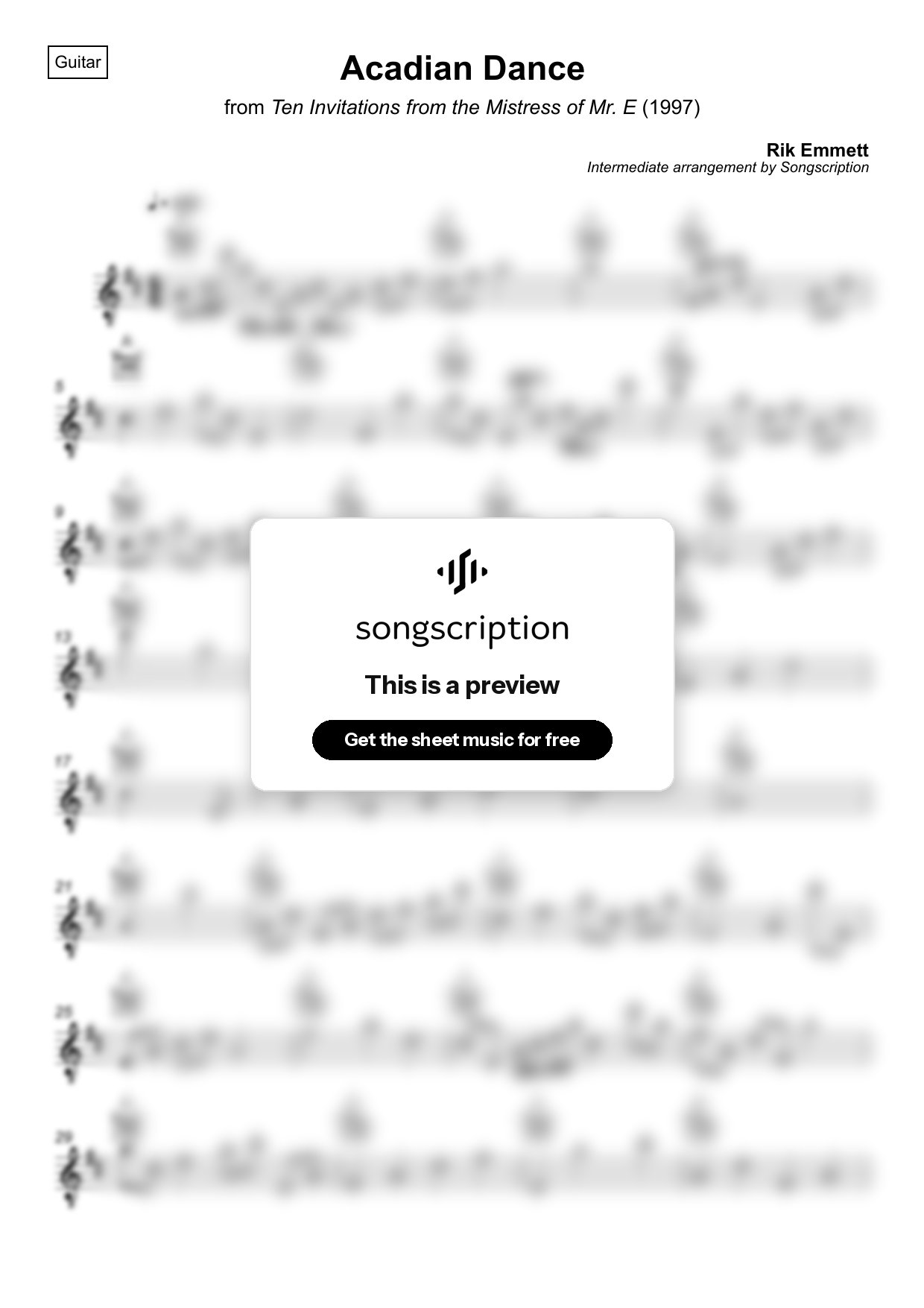Intermediate Acoustic Guitar Sheet Music for "Acadian Dance" by Rik Emmett