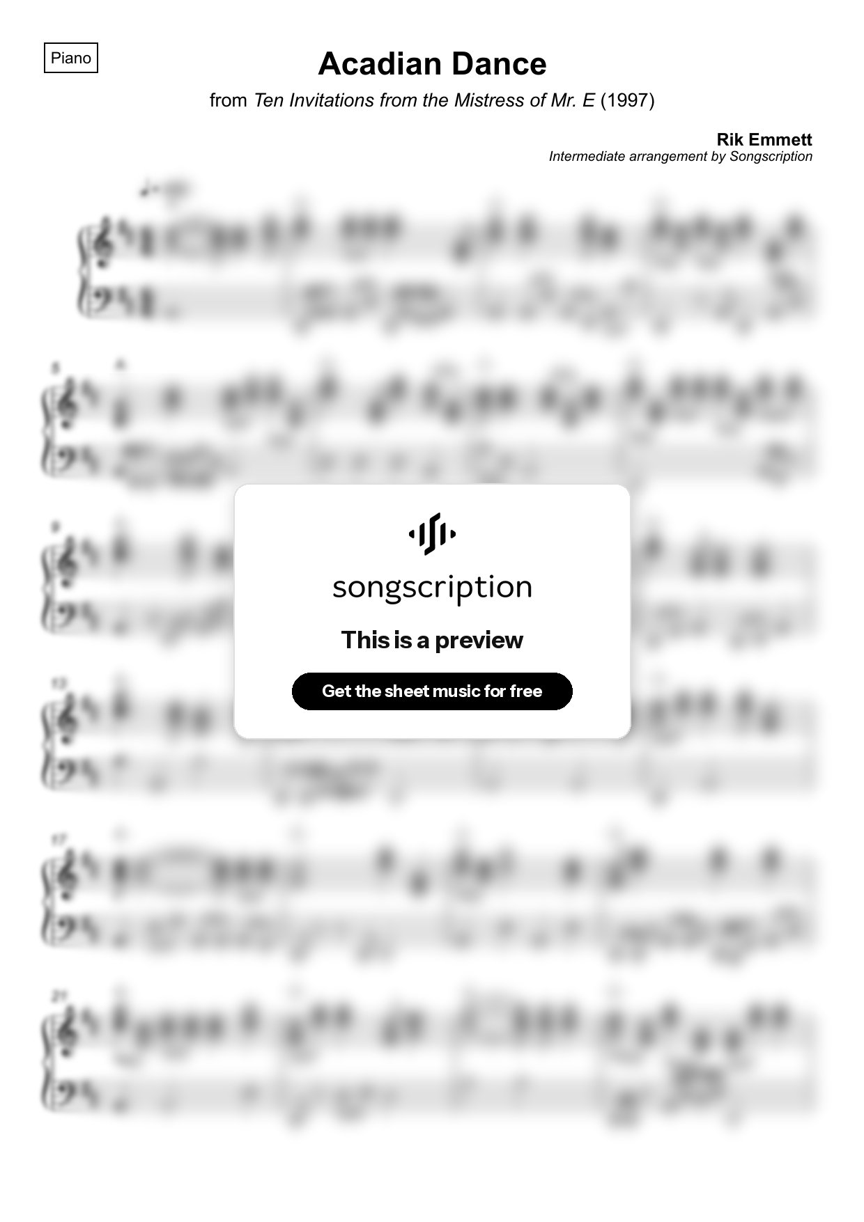 Intermediate Piano Sheet Music for "Acadian Dance" by Rik Emmett