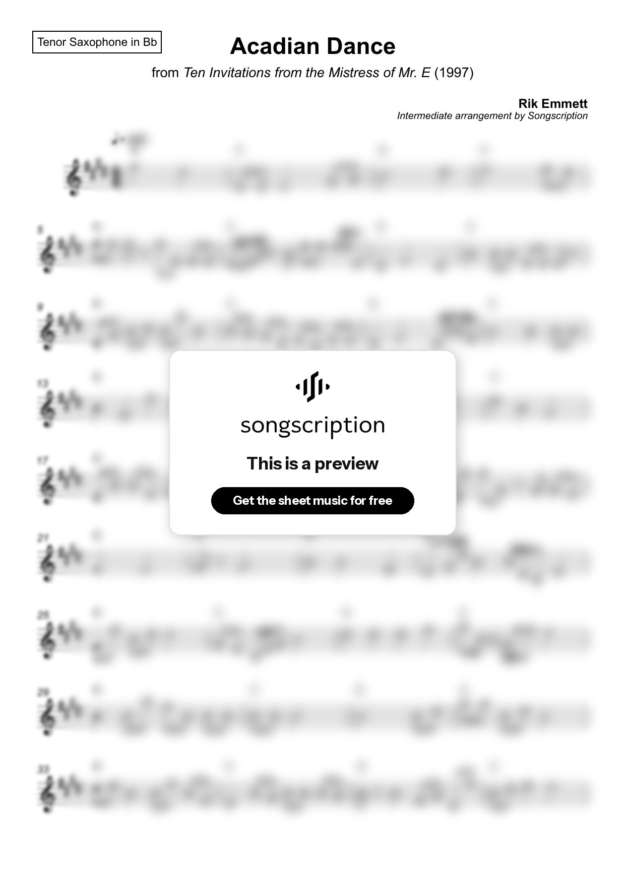 Intermediate Tenor Sax Sheet Music for "Acadian Dance" by Rik Emmett
