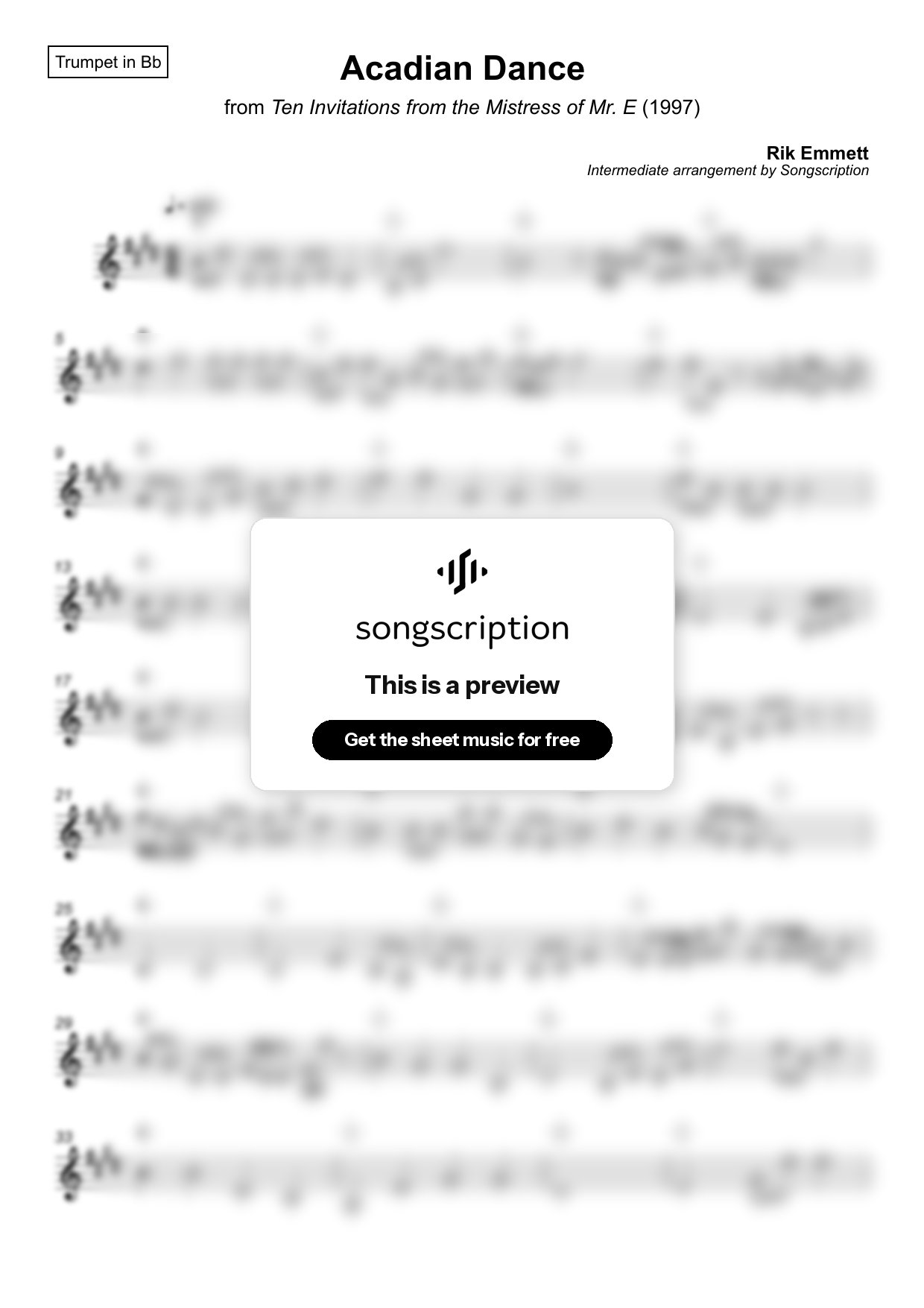 Intermediate Trumpet Sheet Music for "Acadian Dance" by Rik Emmett