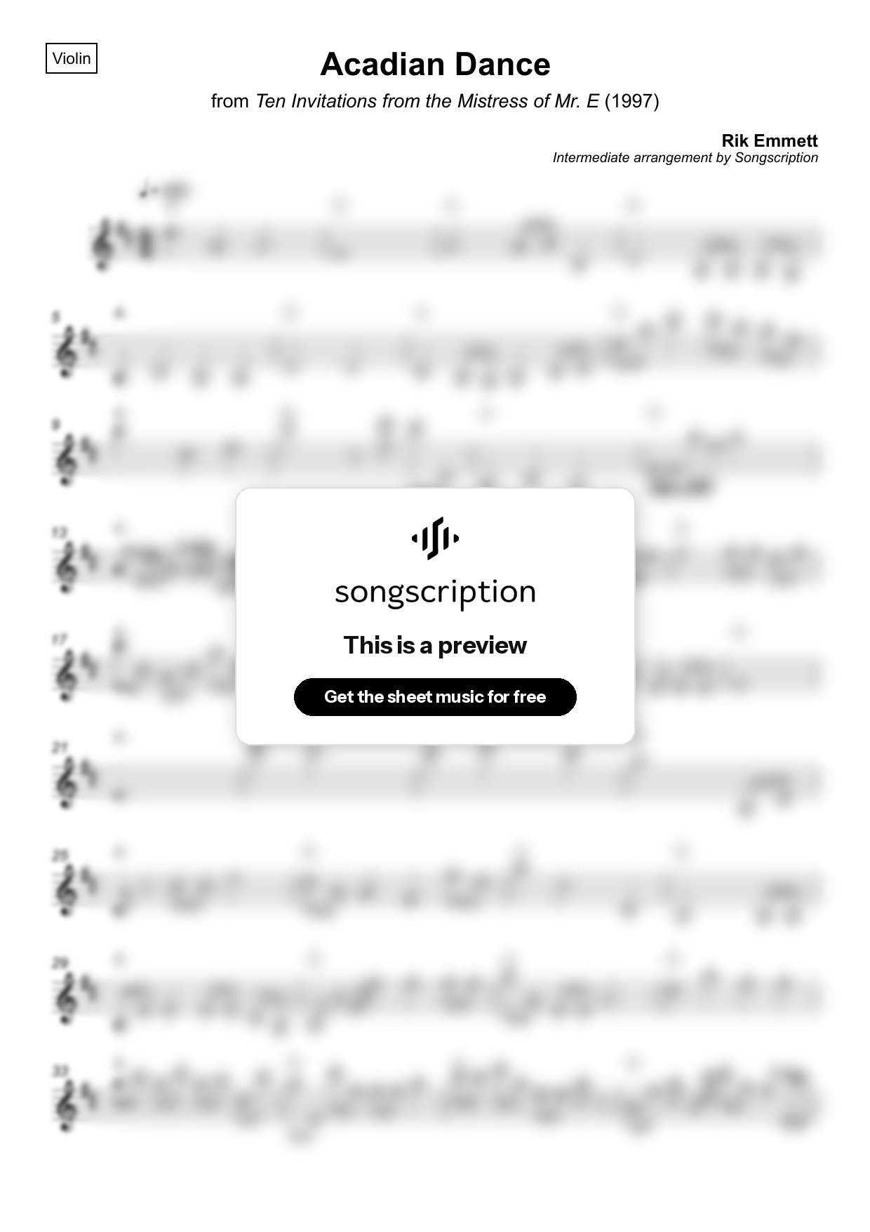 Intermediate Violin Sheet Music for "Acadian Dance" by Rik Emmett