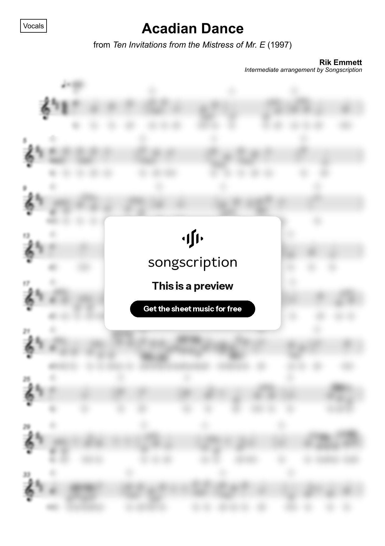 Intermediate Vocals Sheet Music for "Acadian Dance" by Rik Emmett