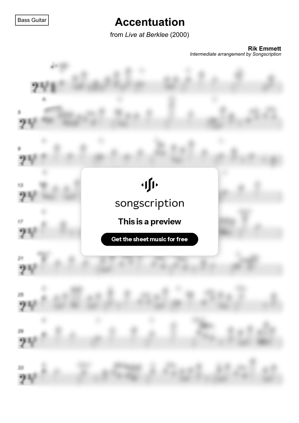 Intermediate Bass Guitar Sheet Music for "Accentuation" by Rik Emmett