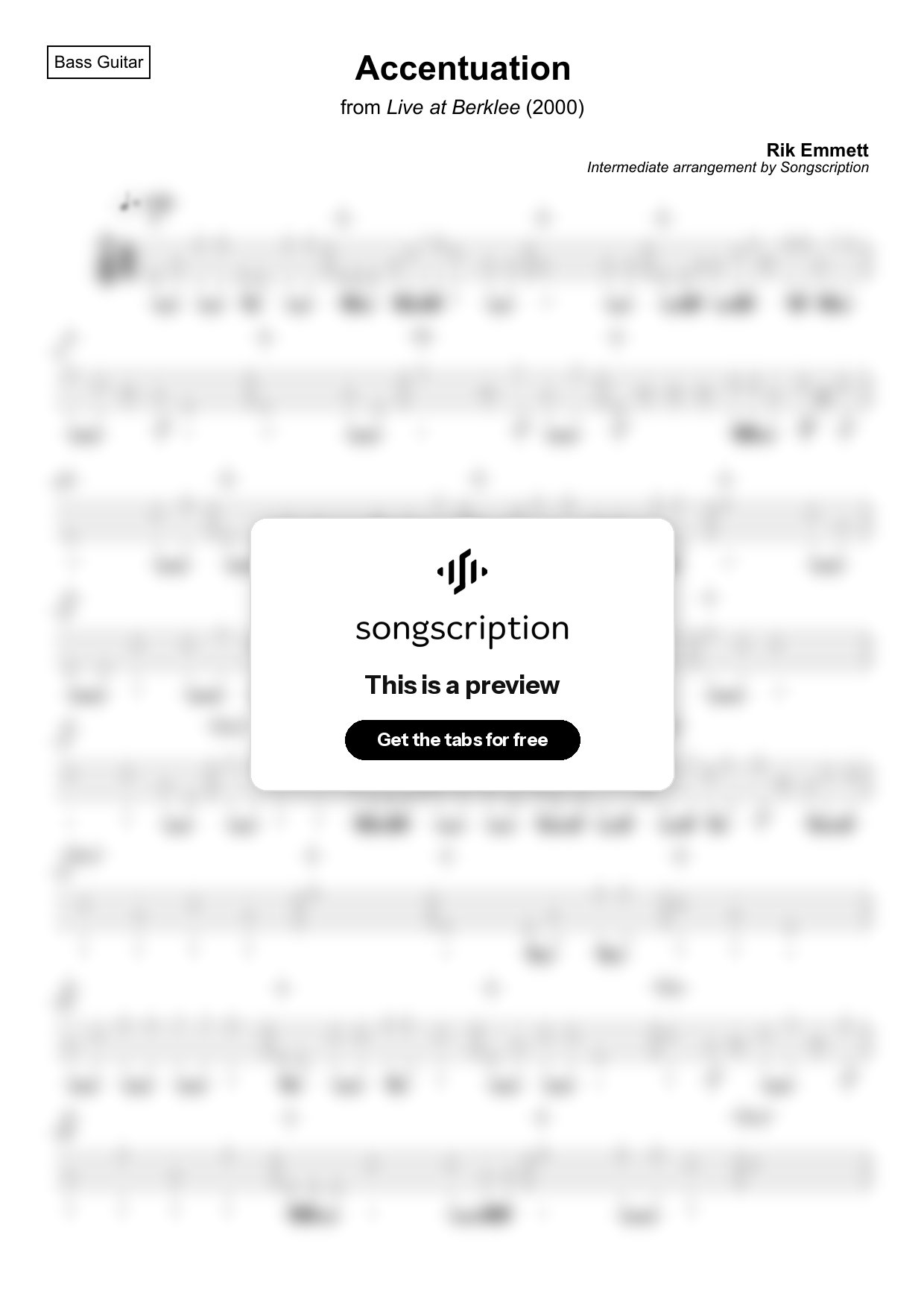 Intermediate Bass Guitar Tabs for "Accentuation" by Rik Emmett