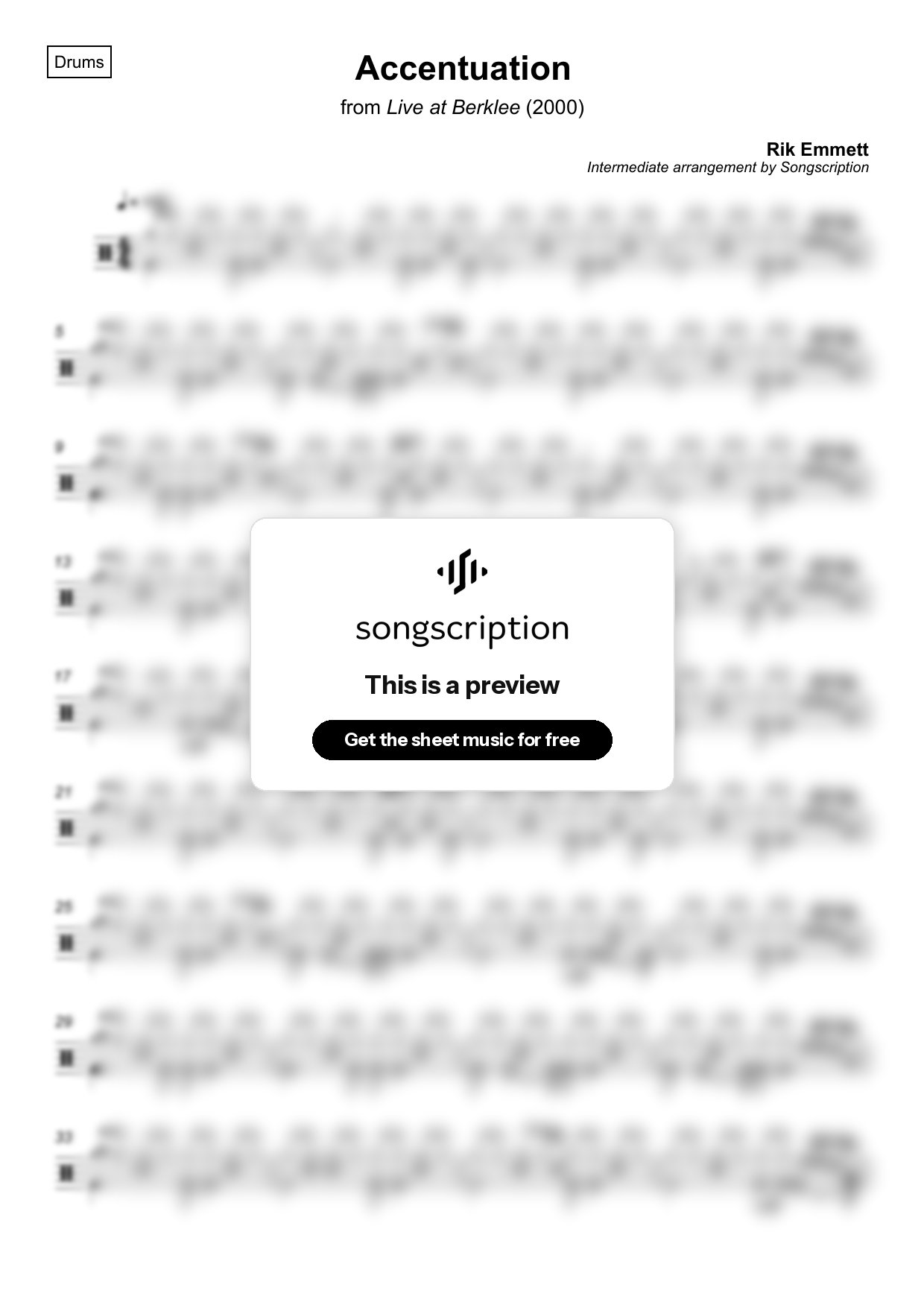 Intermediate Drums Sheet Music for "Accentuation" by Rik Emmett