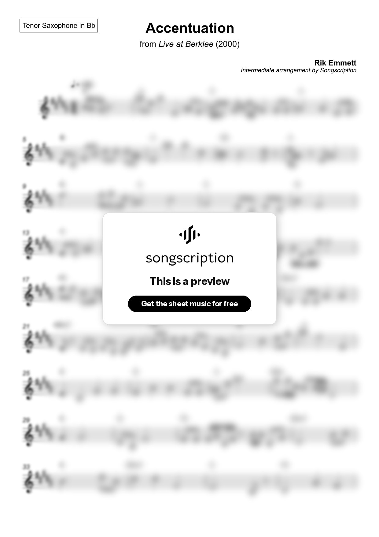 Intermediate Tenor Sax Sheet Music for "Accentuation" by Rik Emmett