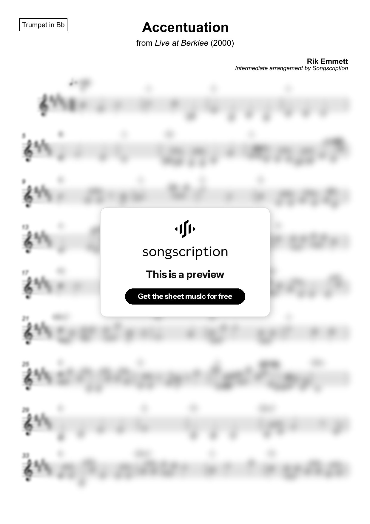 Intermediate Trumpet Sheet Music for "Accentuation" by Rik Emmett
