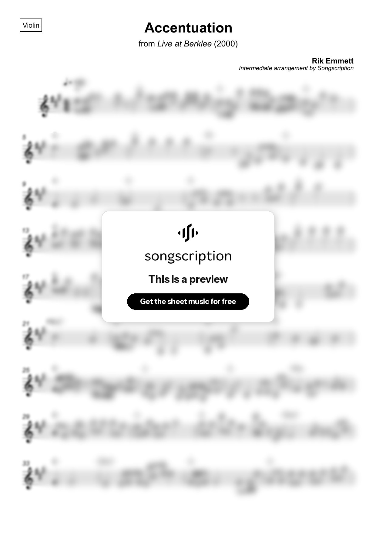 Intermediate Violin Sheet Music for "Accentuation" by Rik Emmett
