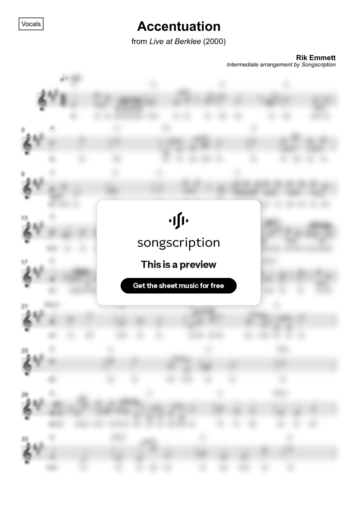 Intermediate Vocals Sheet Music for "Accentuation" by Rik Emmett