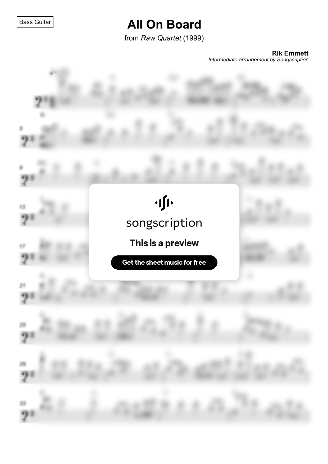 Intermediate Bass Guitar Sheet Music for "All On Board" by Rik Emmett