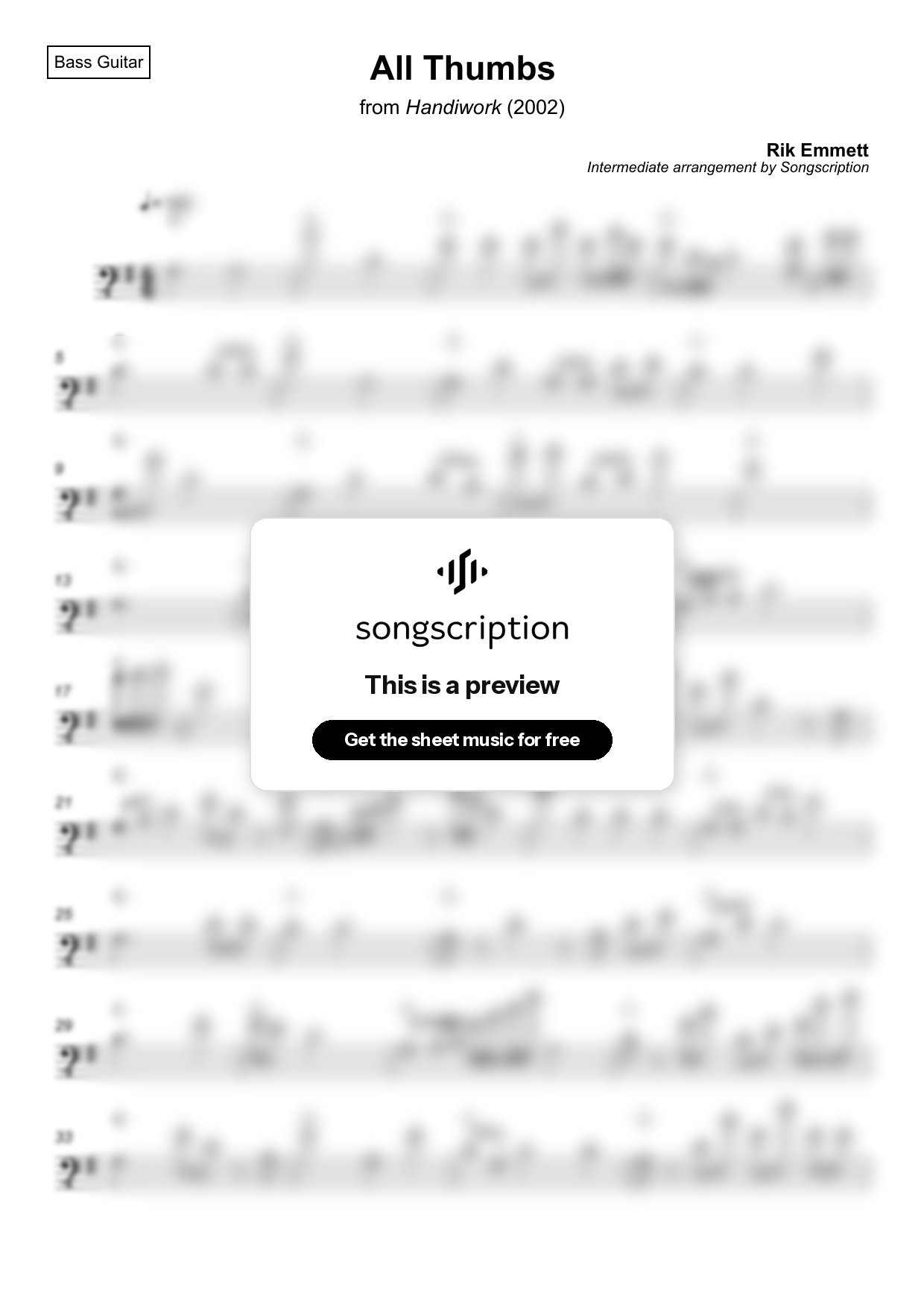 Intermediate Bass Guitar Sheet Music for "All Thumbs" by Rik Emmett