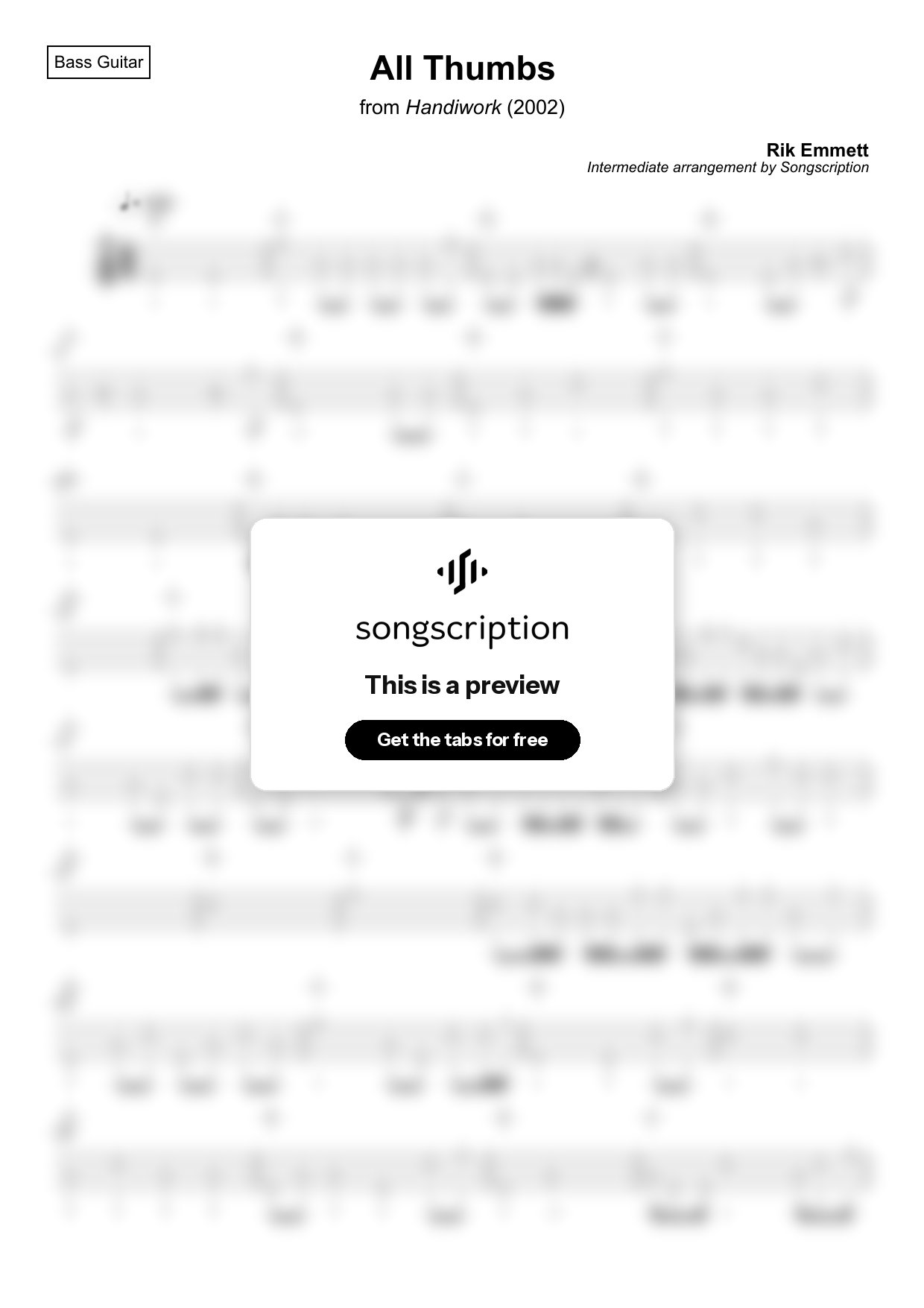 Intermediate Bass Guitar Tabs for "All Thumbs" by Rik Emmett