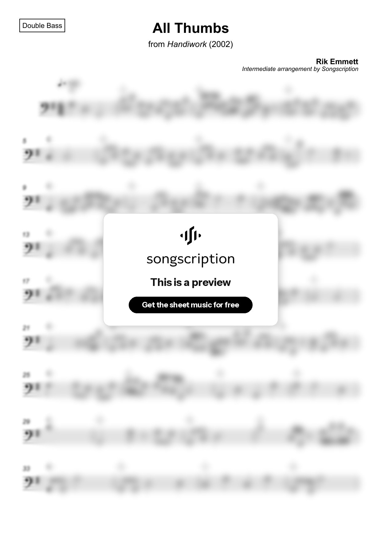 Intermediate Double Bass Sheet Music for "All Thumbs" by Rik Emmett