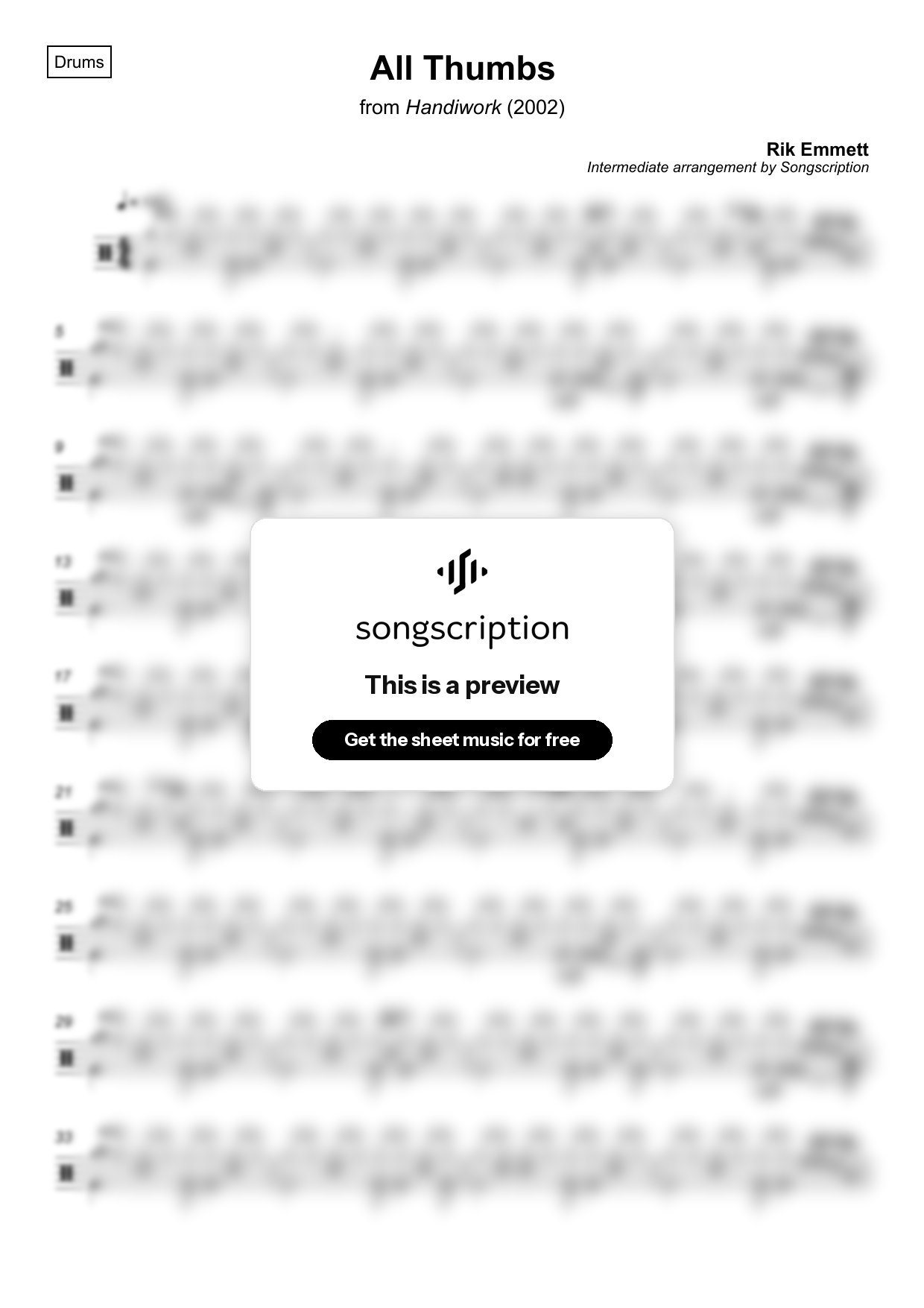 Intermediate Drums Sheet Music for "All Thumbs" by Rik Emmett