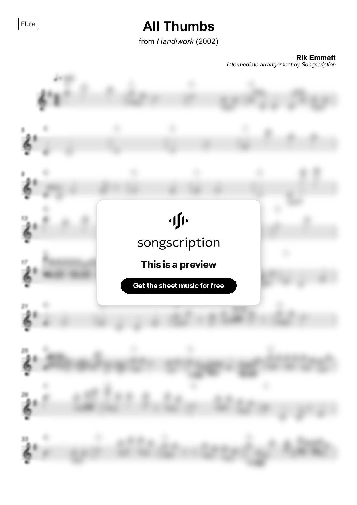 Intermediate Flute Sheet Music for "All Thumbs" by Rik Emmett