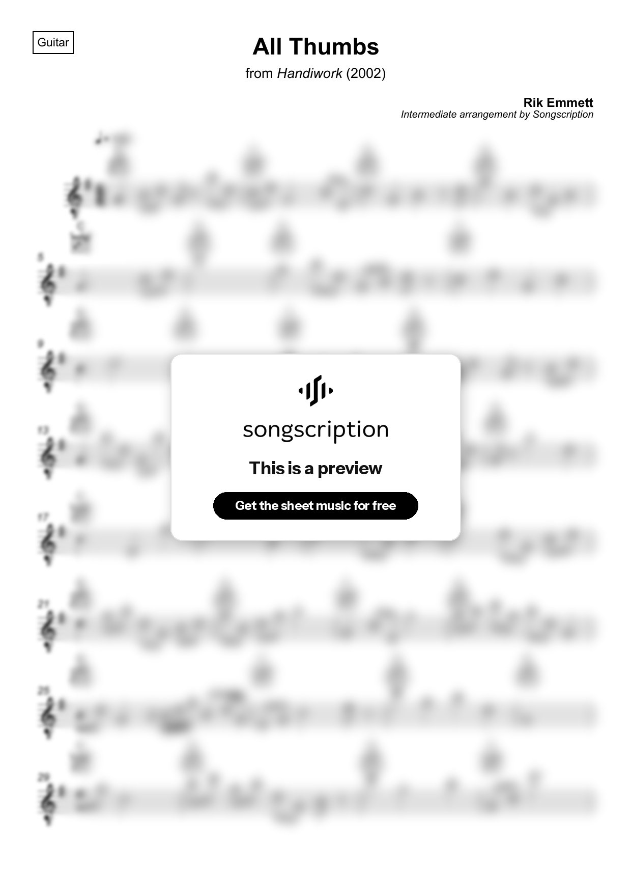 Intermediate Acoustic Guitar Sheet Music for "All Thumbs" by Rik Emmett
