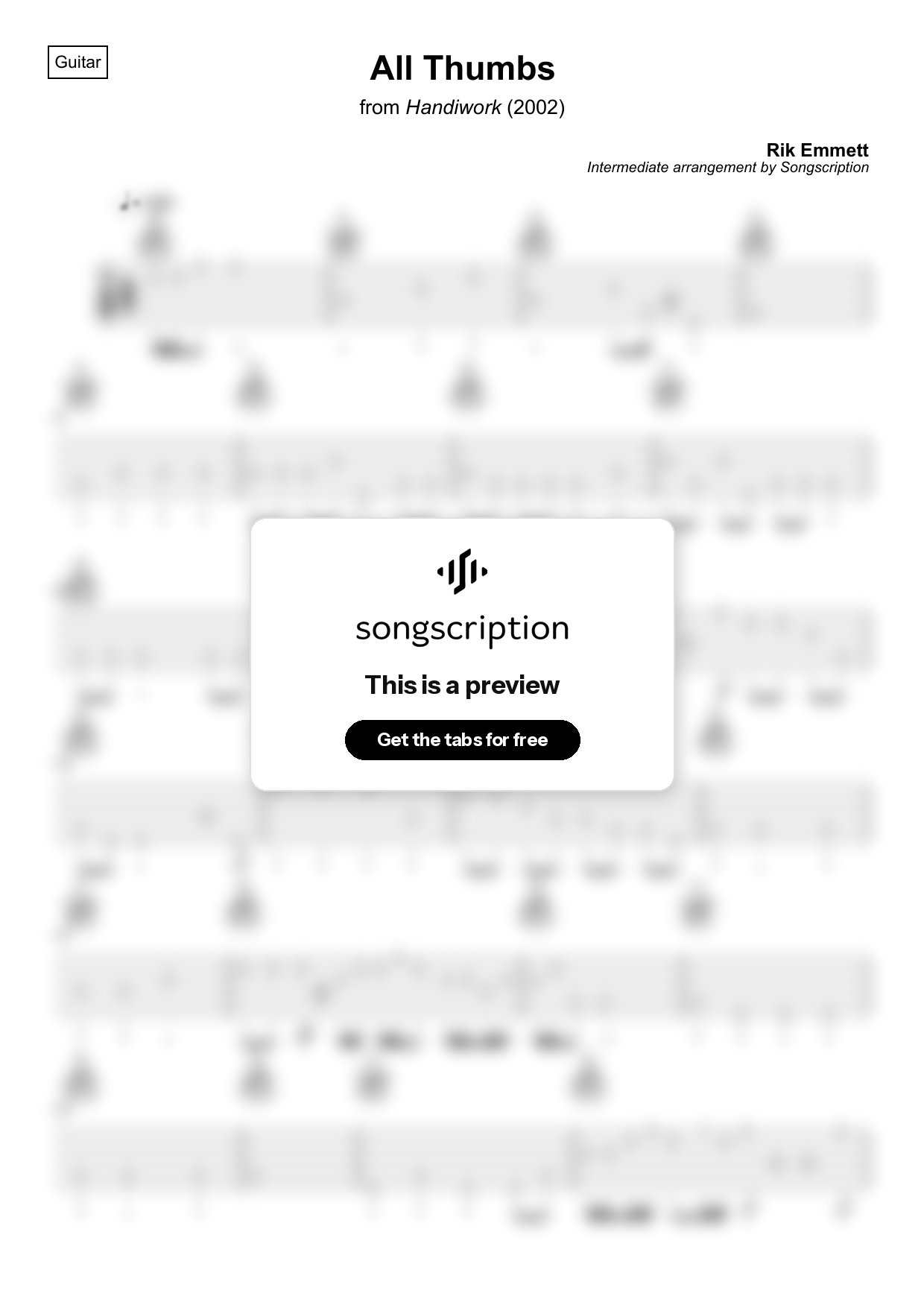 Intermediate Acoustic Guitar Tabs for "All Thumbs" by Rik Emmett