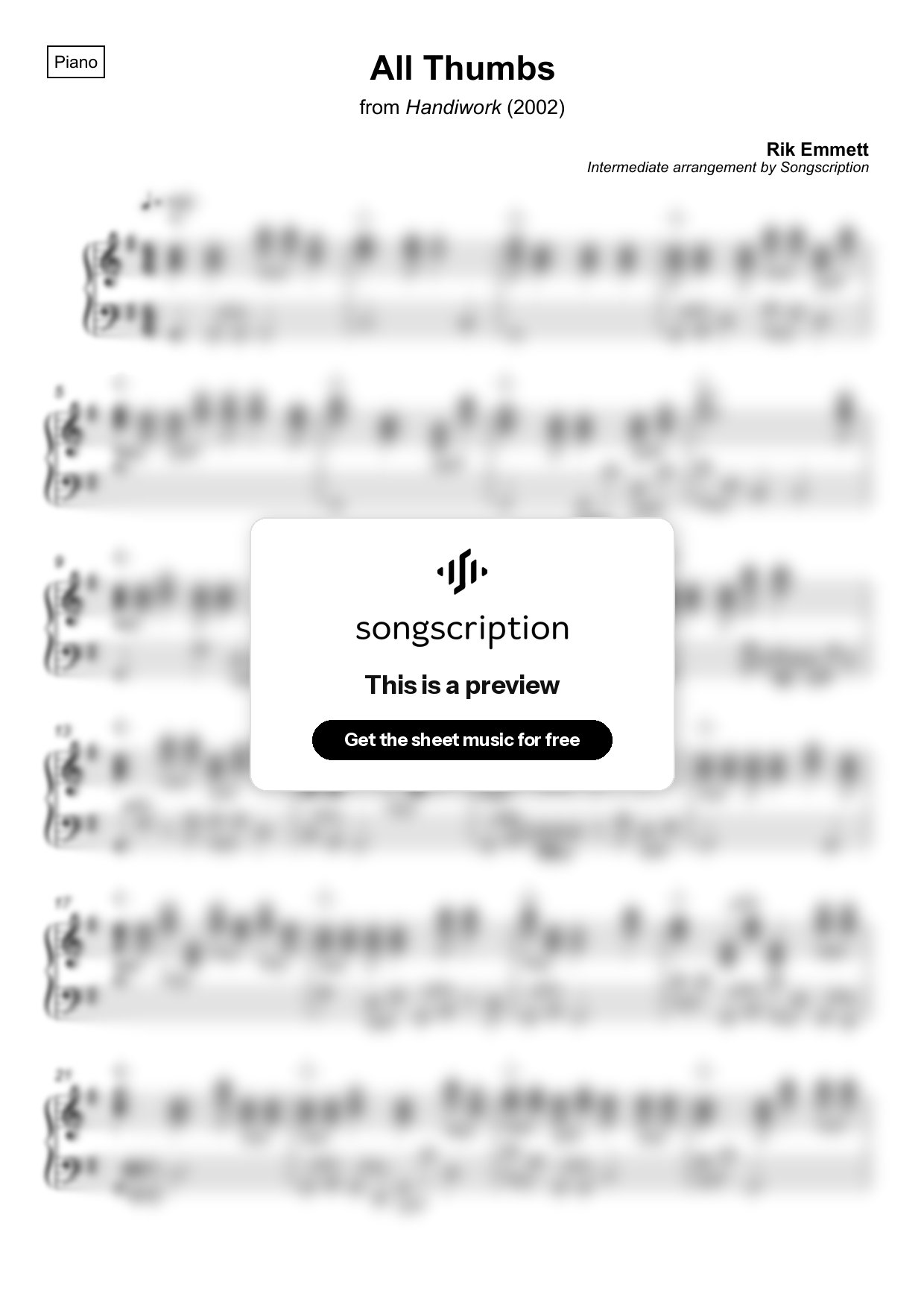 Intermediate Piano Sheet Music for "All Thumbs" by Rik Emmett