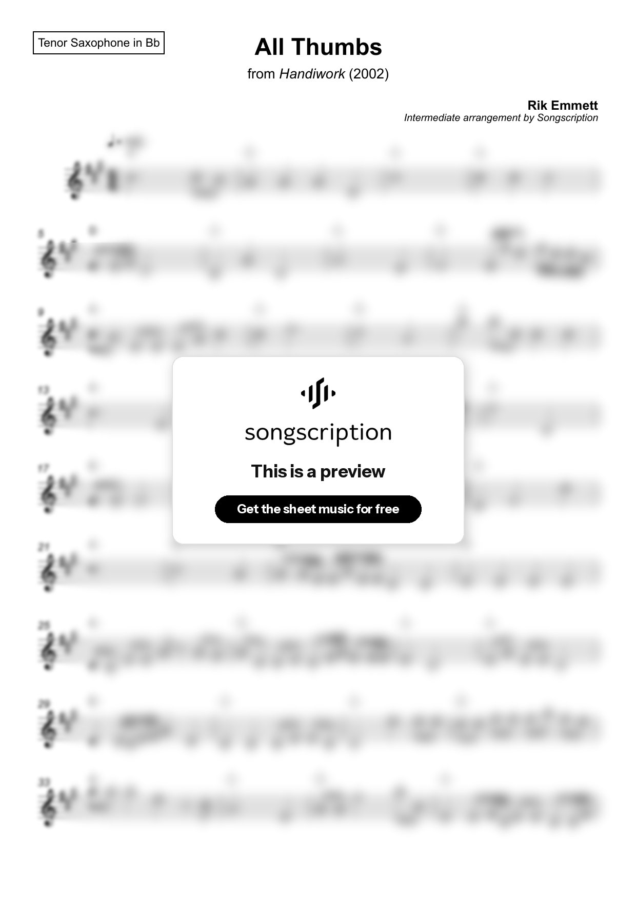 Intermediate Tenor Sax Sheet Music for "All Thumbs" by Rik Emmett