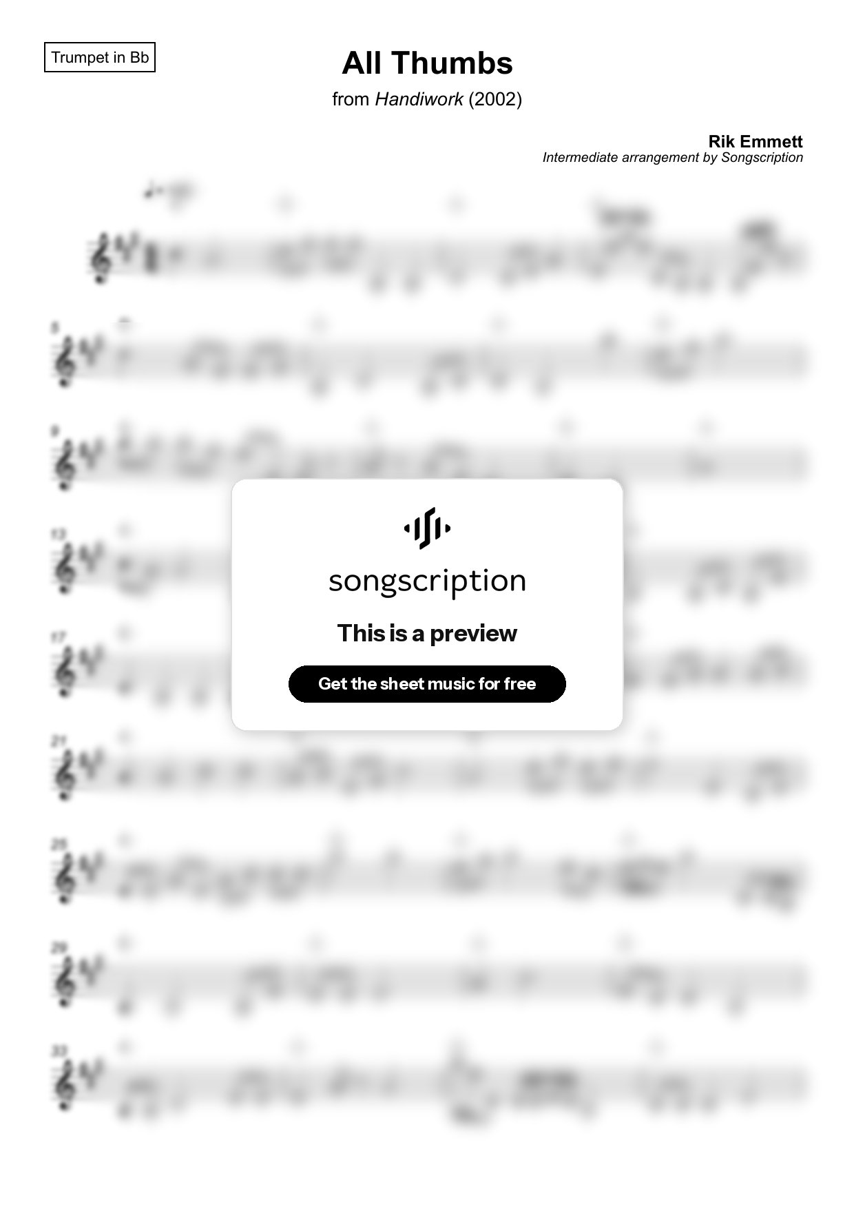Intermediate Trumpet Sheet Music for "All Thumbs" by Rik Emmett