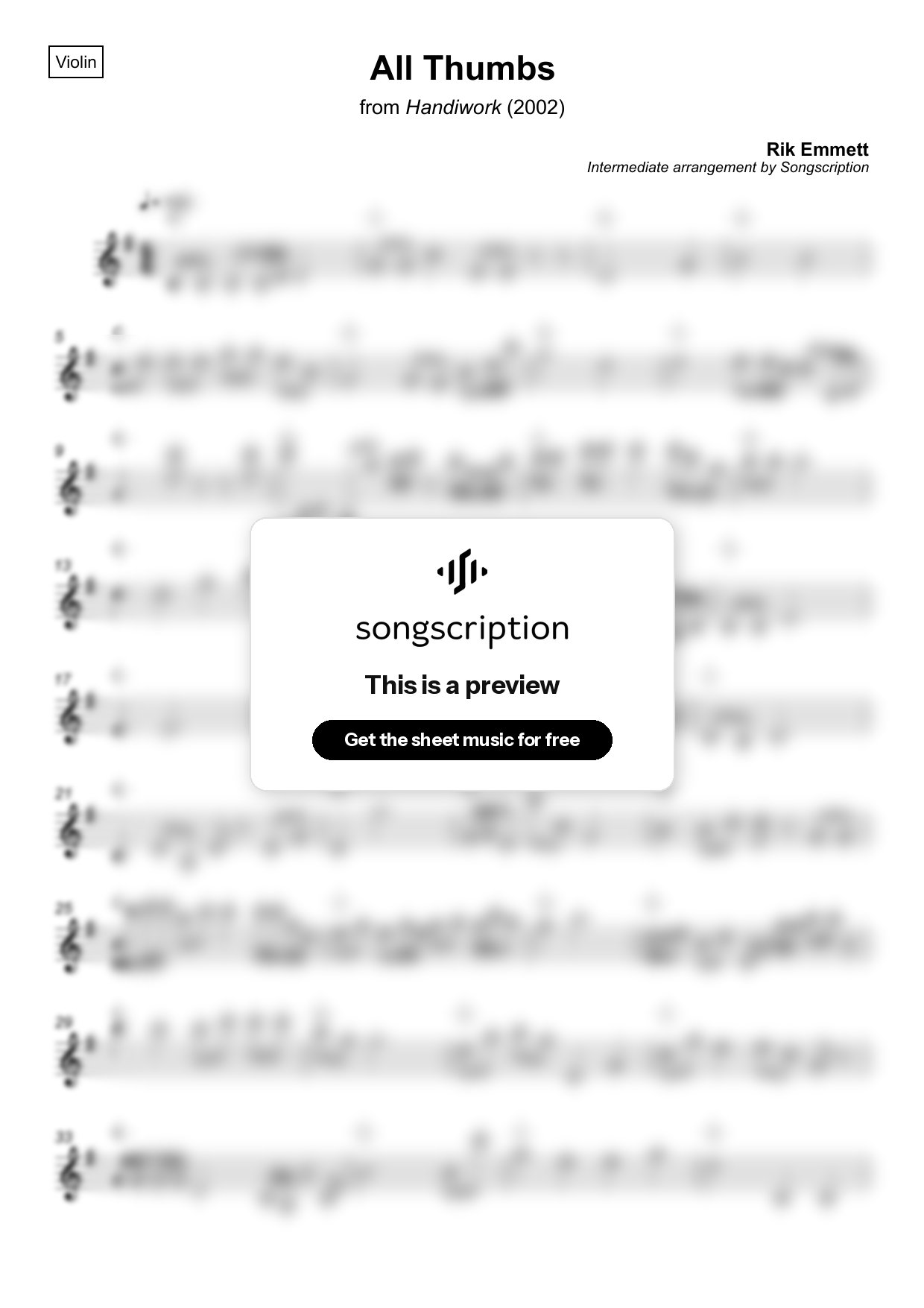 Intermediate Violin Sheet Music for "All Thumbs" by Rik Emmett