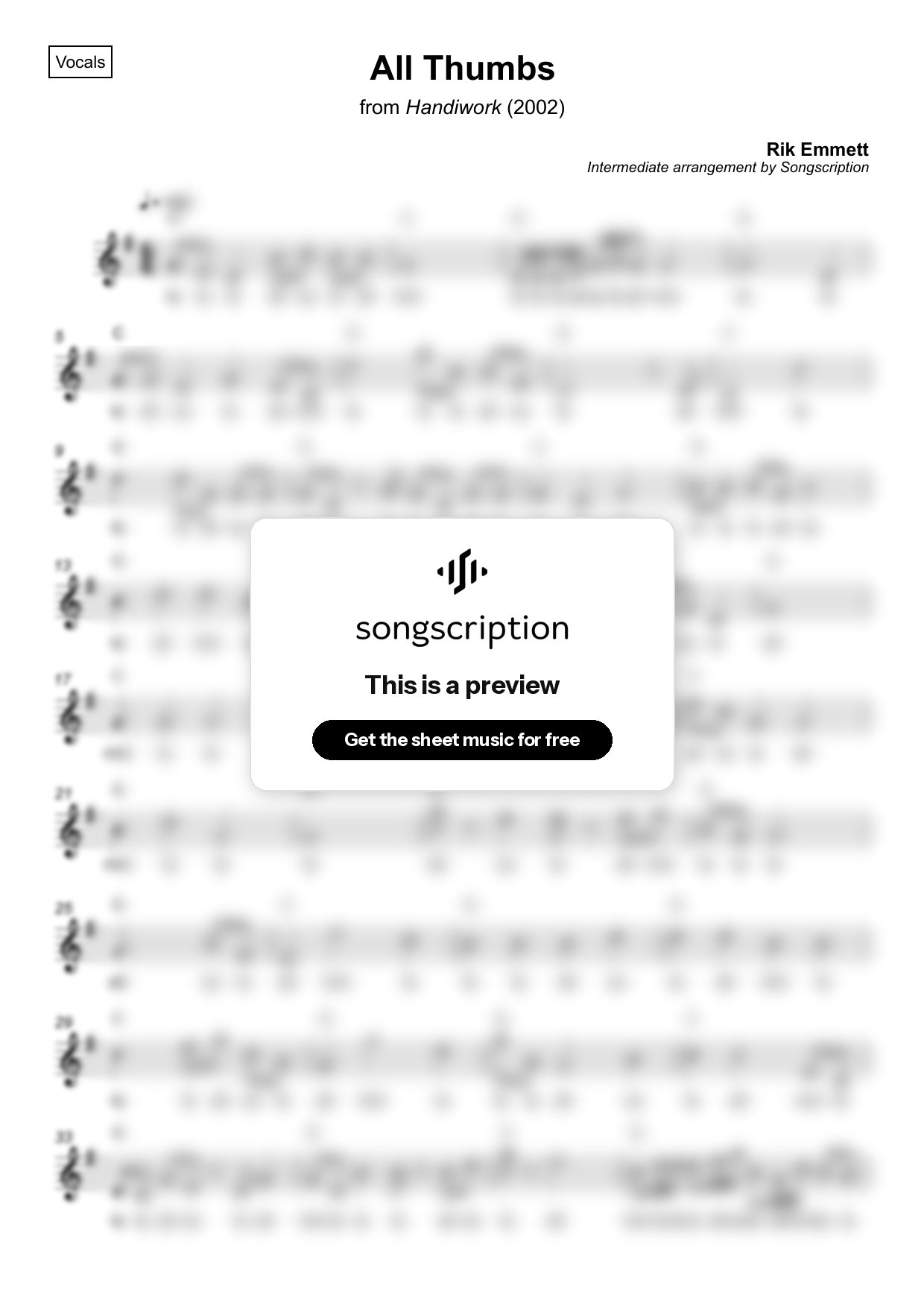 Intermediate Vocals Sheet Music for "All Thumbs" by Rik Emmett