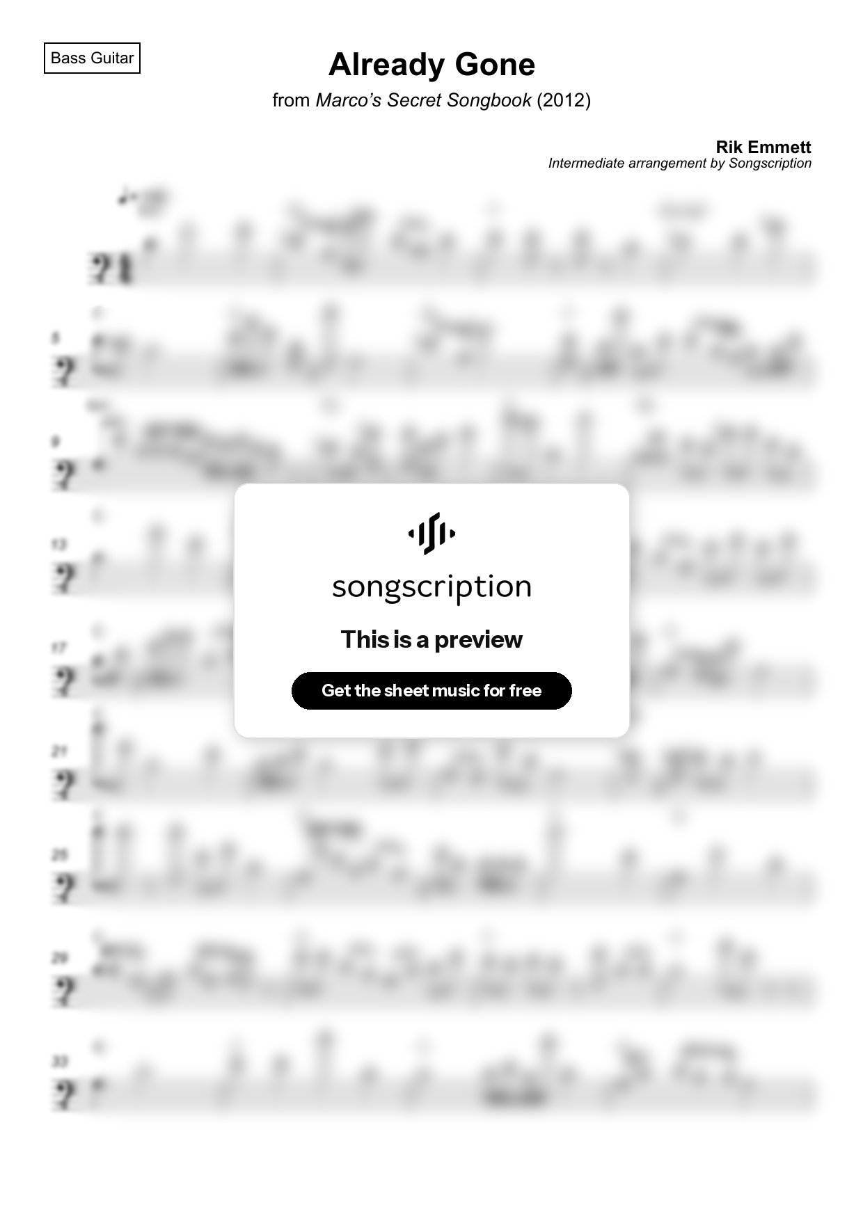 Intermediate Bass Guitar Sheet Music for "Already Gone" by Rik Emmett
