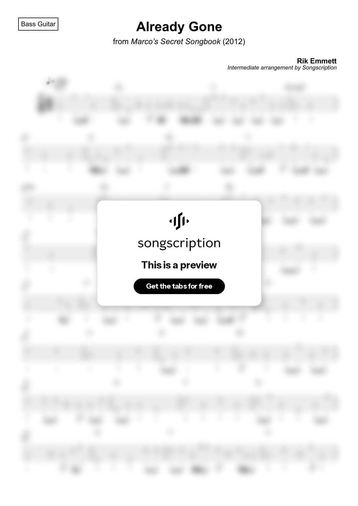 Intermediate Bass Guitar Tabs for "Already Gone" by Rik Emmett