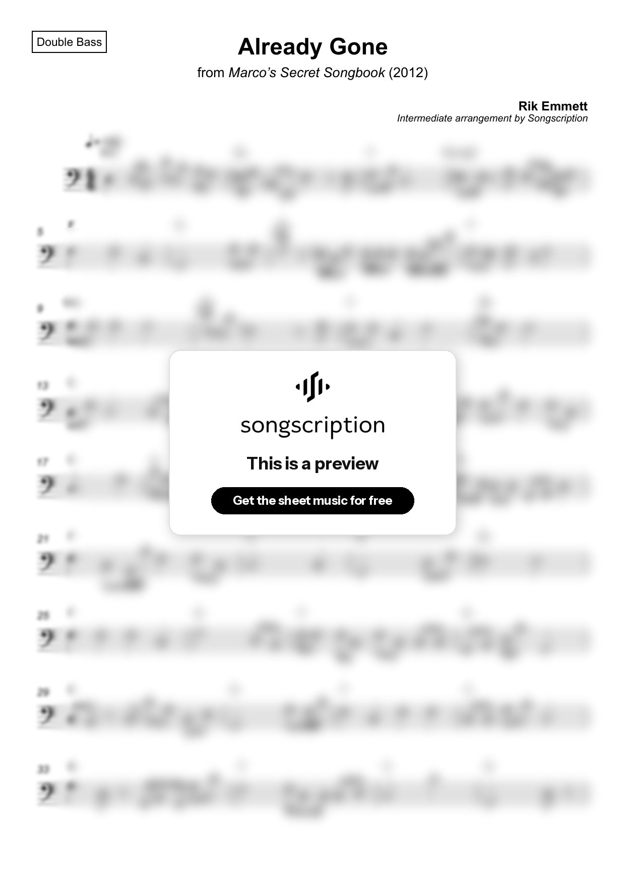 Intermediate Double Bass Sheet Music for "Already Gone" by Rik Emmett