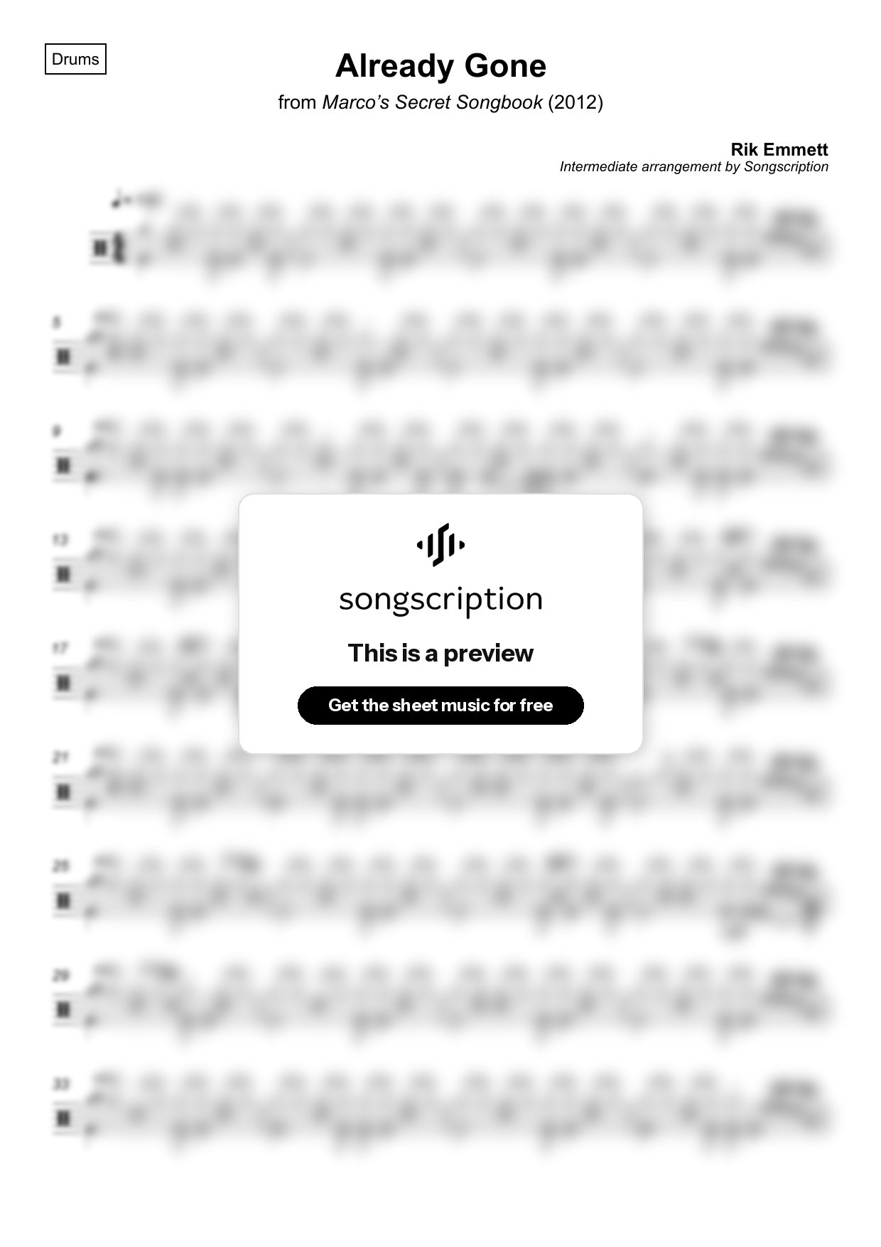 Intermediate Drums Sheet Music for "Already Gone" by Rik Emmett