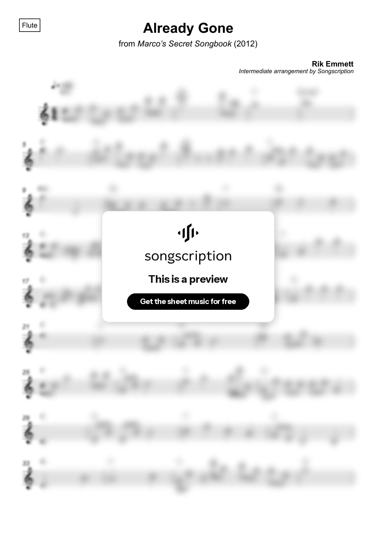 Intermediate Flute Sheet Music for "Already Gone" by Rik Emmett