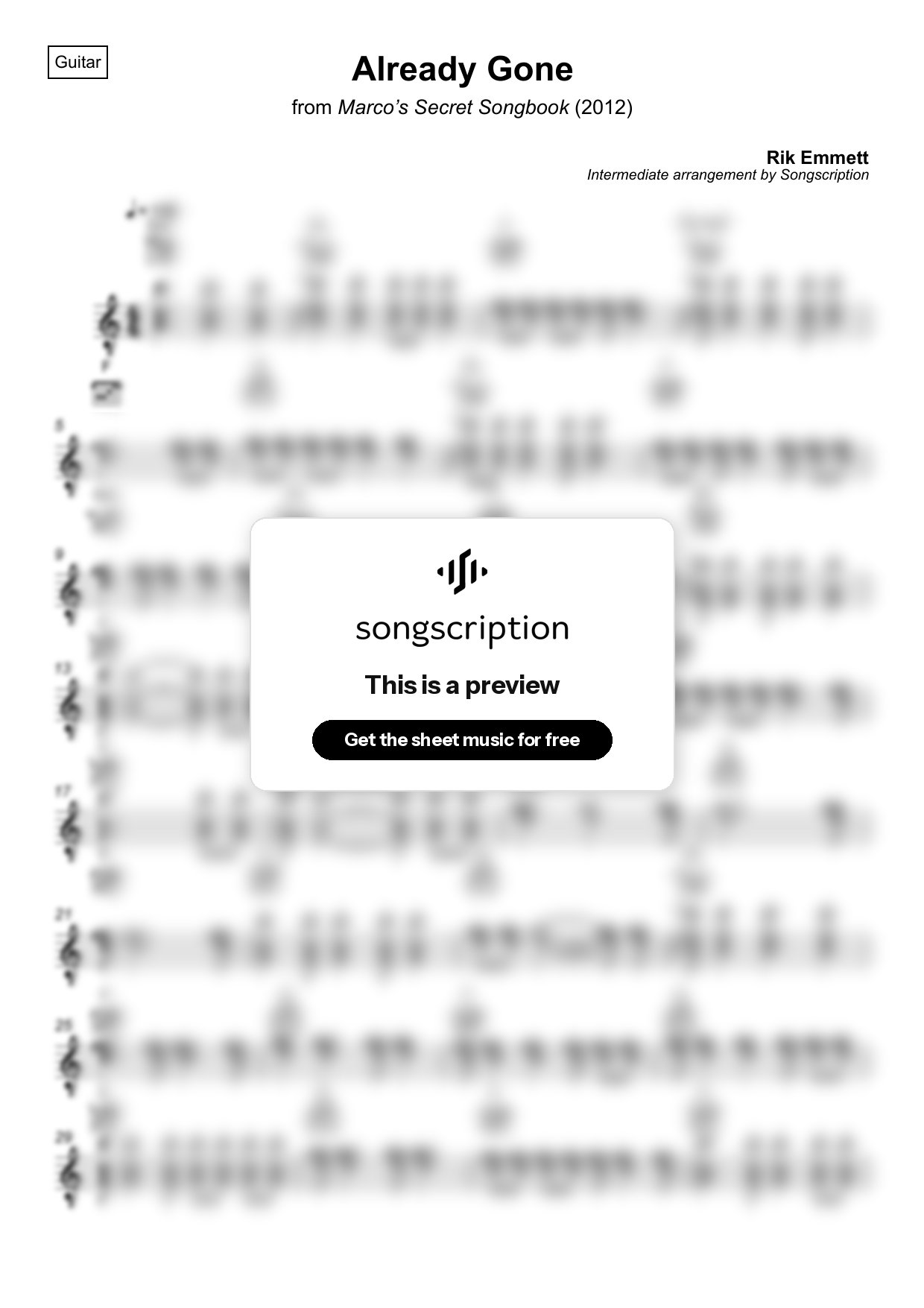 Intermediate Acoustic Guitar Sheet Music for "Already Gone" by Rik Emmett