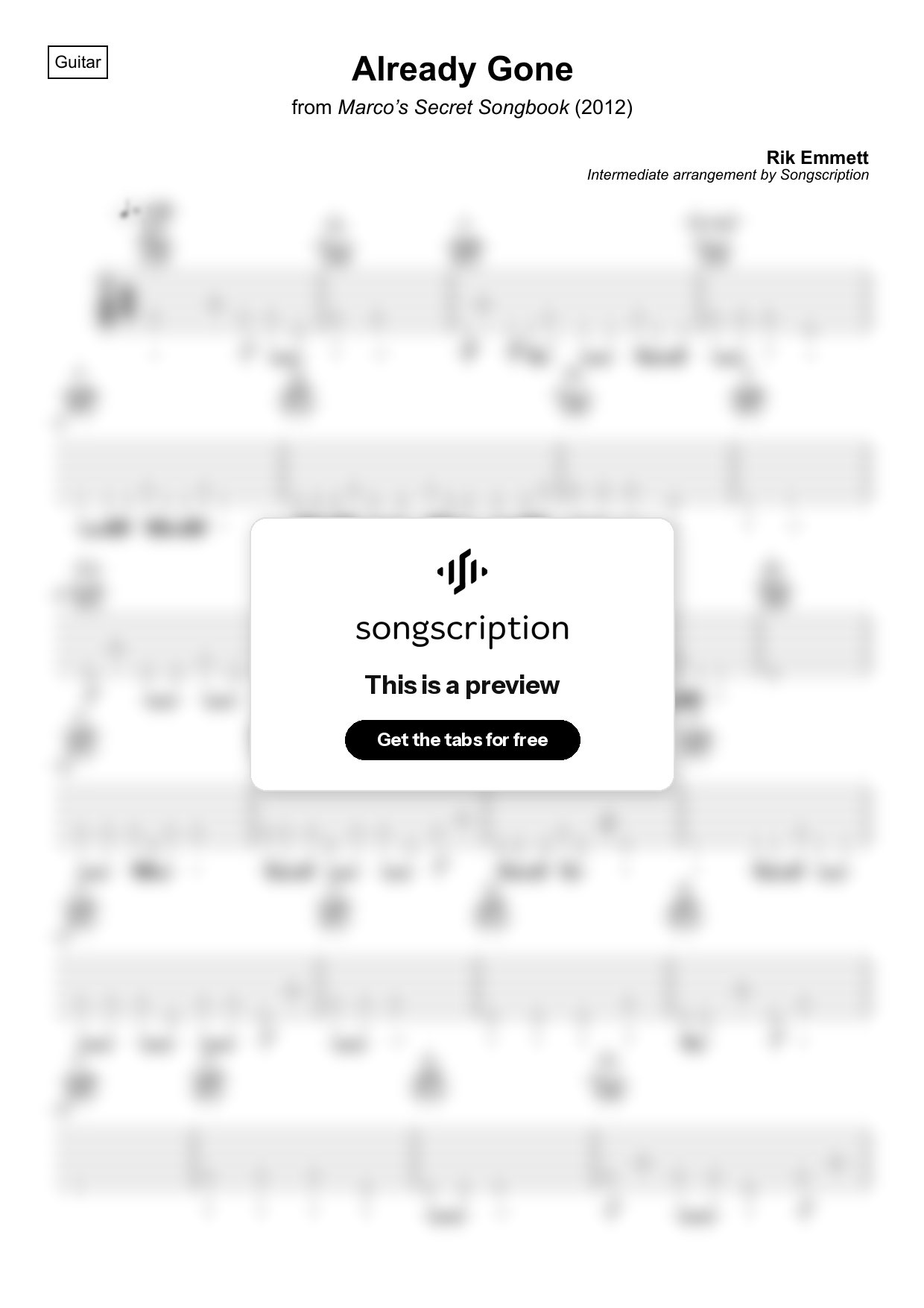 Intermediate Acoustic Guitar Tabs for "Already Gone" by Rik Emmett
