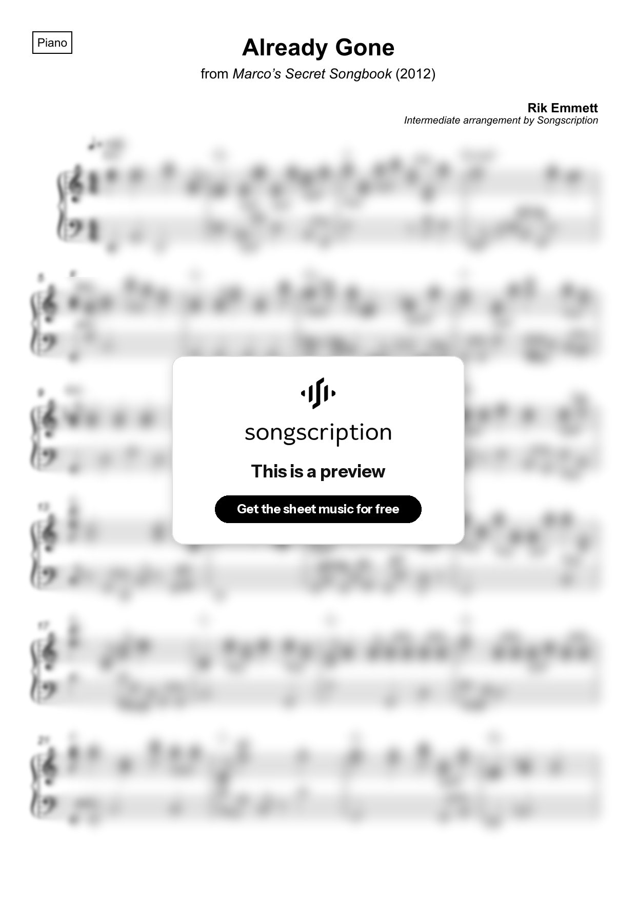 Intermediate Piano Sheet Music for "Already Gone" by Rik Emmett