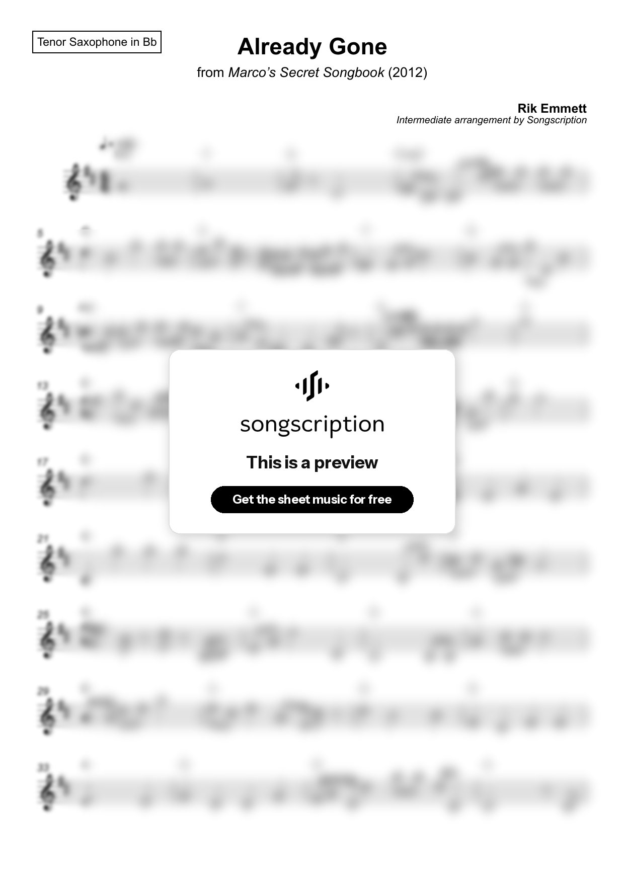 Intermediate Tenor Sax Sheet Music for "Already Gone" by Rik Emmett