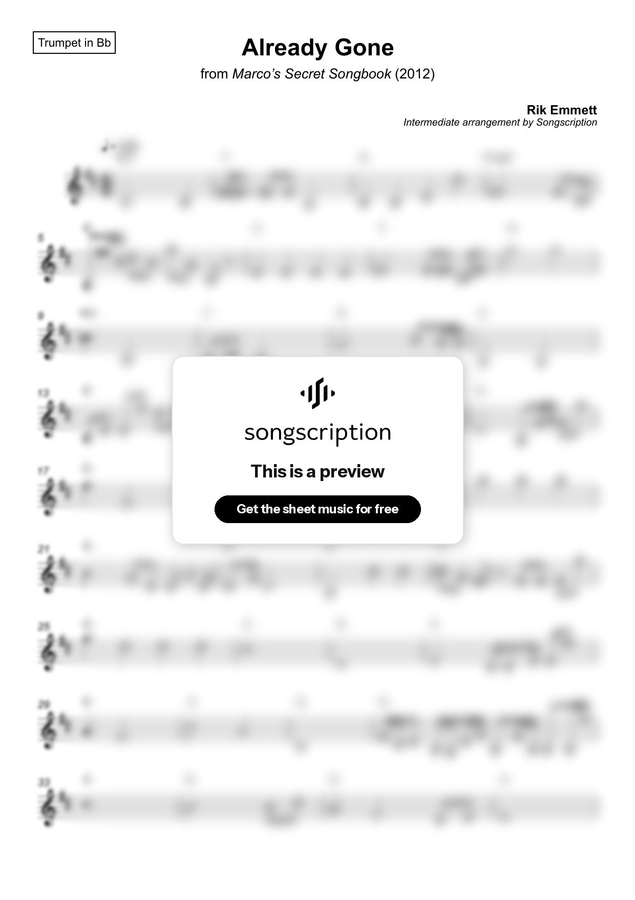 Intermediate Trumpet Sheet Music for "Already Gone" by Rik Emmett
