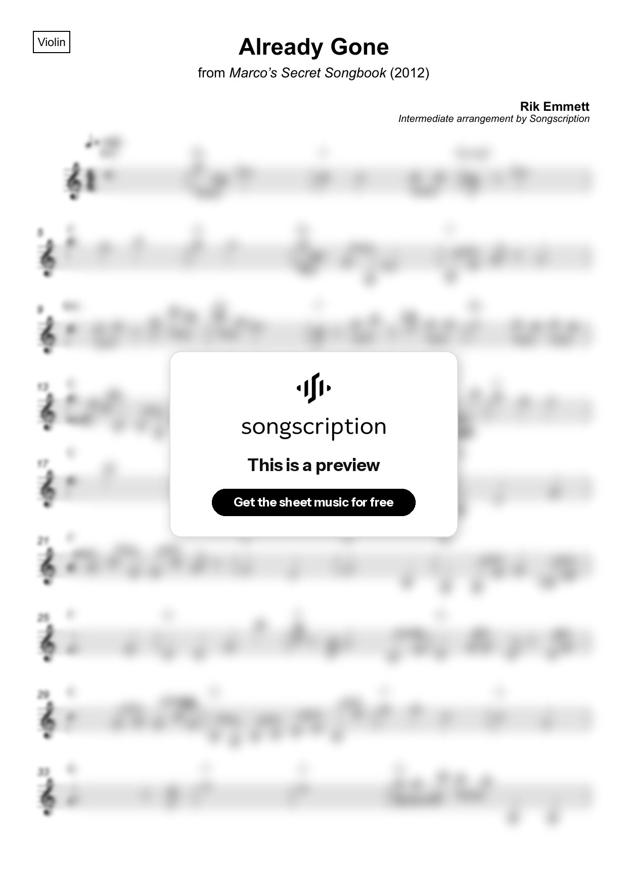 Intermediate Violin Sheet Music for "Already Gone" by Rik Emmett