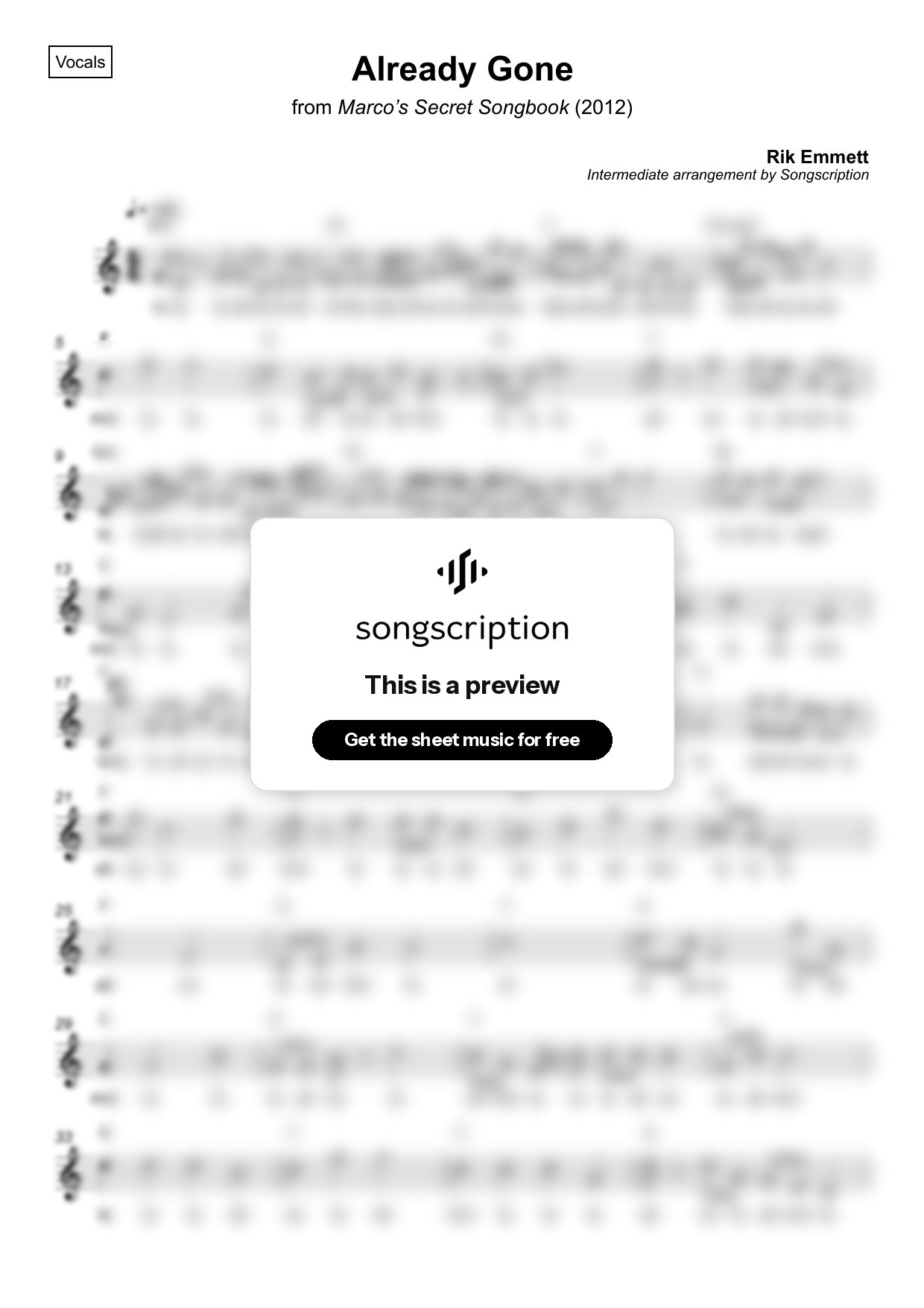 Intermediate Vocals Sheet Music for "Already Gone" by Rik Emmett