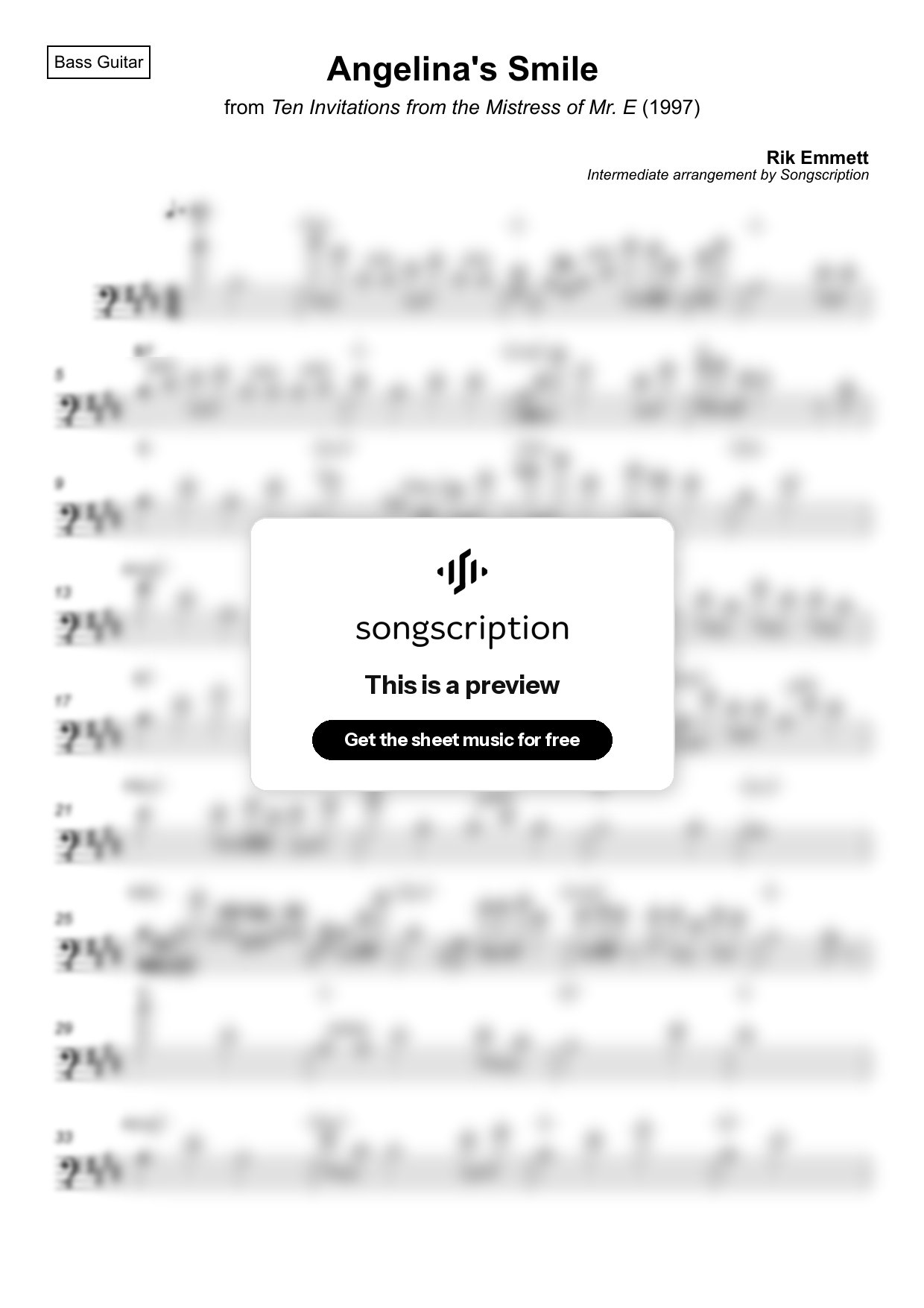 Intermediate Bass Guitar Sheet Music for "Angelina's Smile" by Rik Emmett