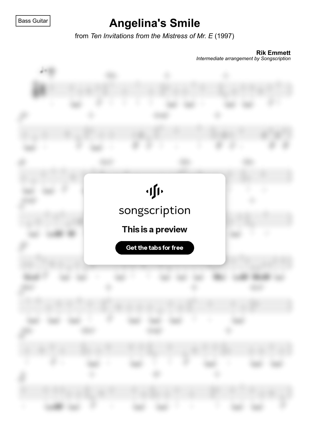 Intermediate Bass Guitar Tabs for "Angelina's Smile" by Rik Emmett
