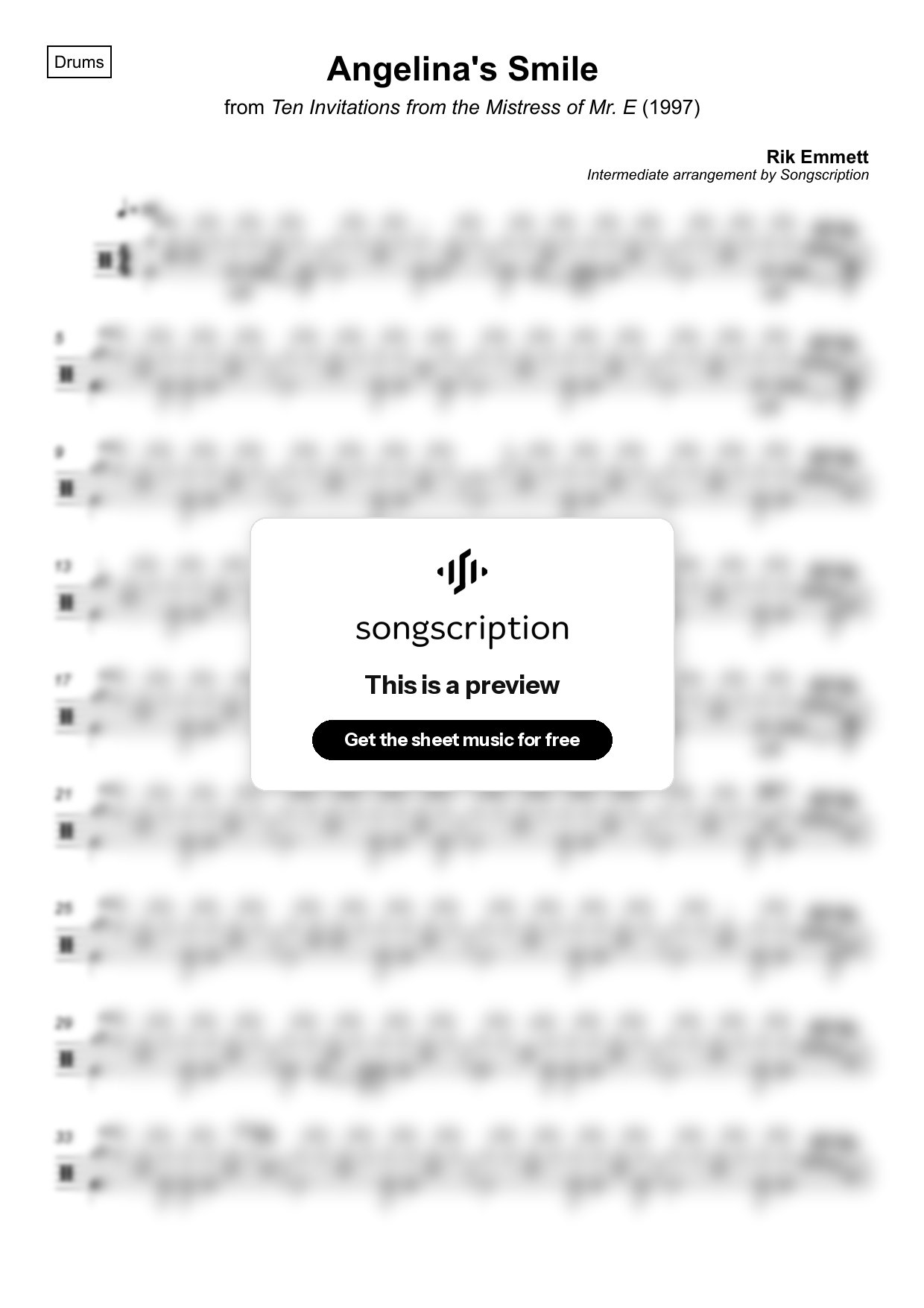 Intermediate Drums Sheet Music for "Angelina's Smile" by Rik Emmett
