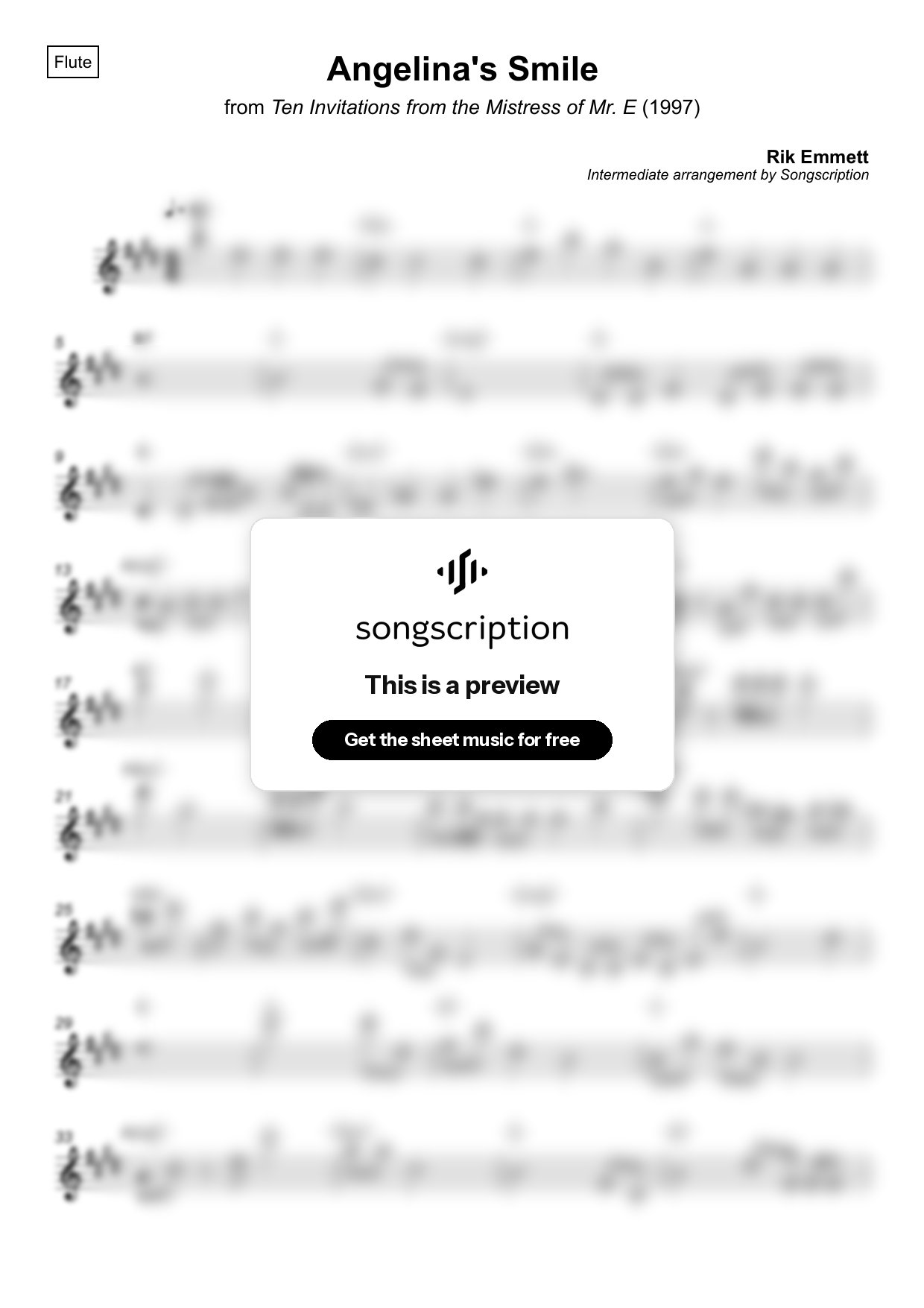 Intermediate Flute Sheet Music for "Angelina's Smile" by Rik Emmett